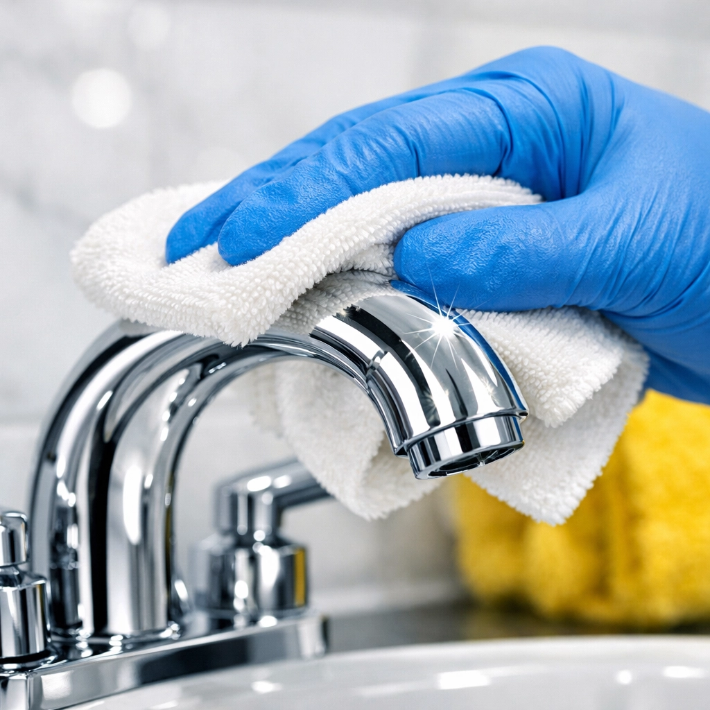 Professional deep cleaning of a modern bathroom faucet using a microfiber cloth for a streak-free finish.