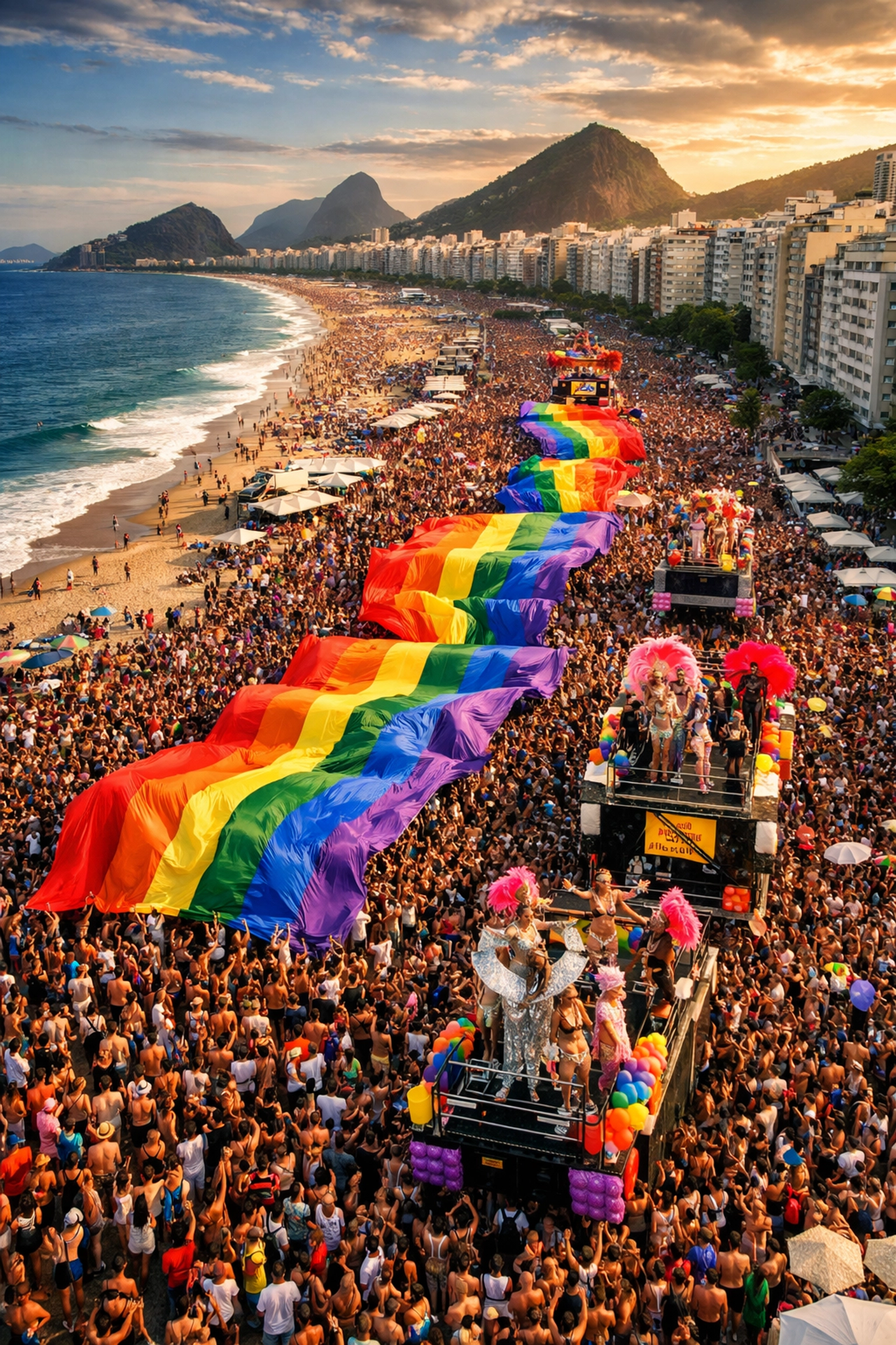 Aerial view of Bloco da Favorita parade in Copacabana with thousands celebrating