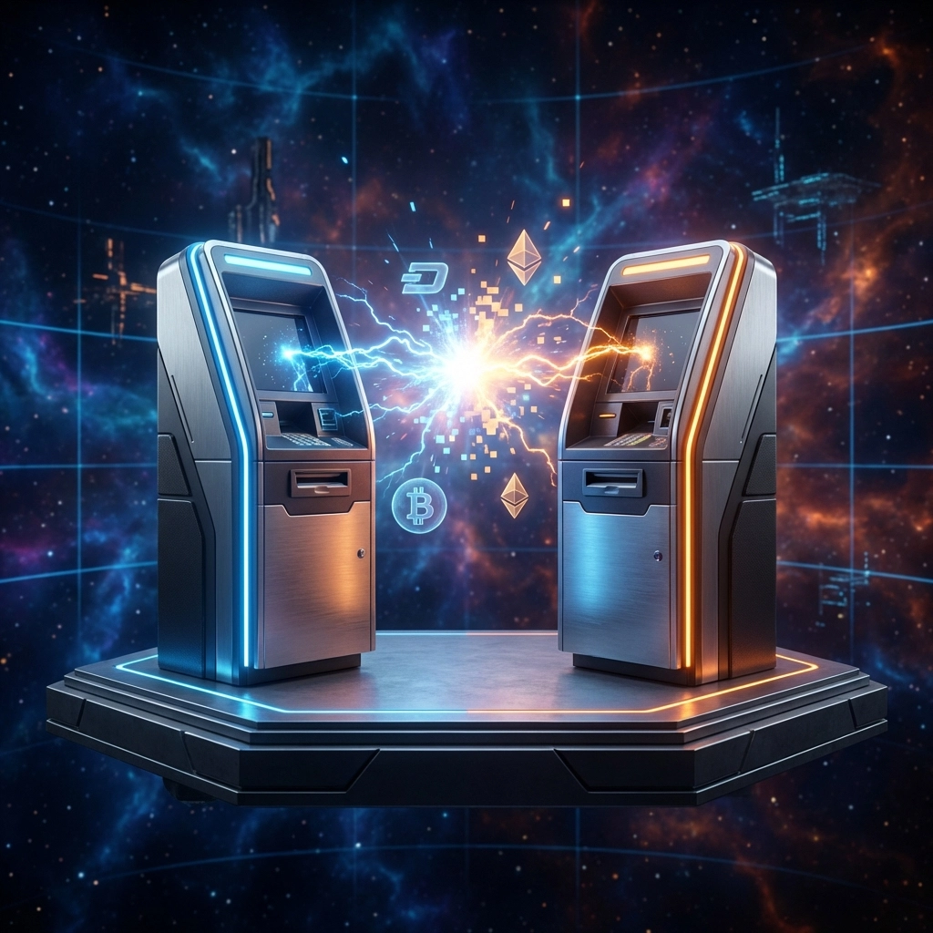 Two futuristic payment terminals face off in a digital arena symbolizing the NOWPayments vs CoinPayments competition in Web3 crypto payments.