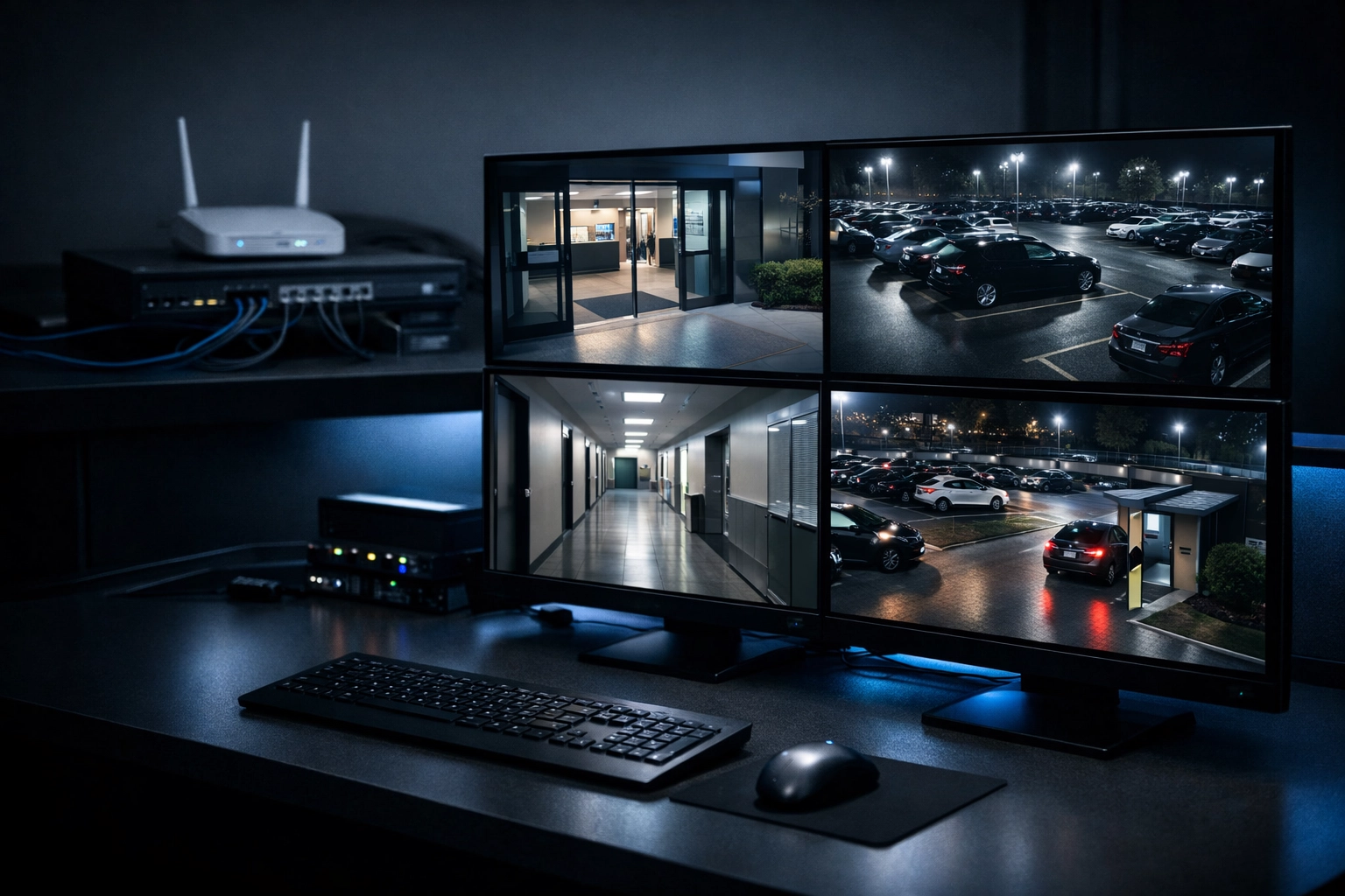 Security monitoring control room with multiple camera feeds displayed on screens