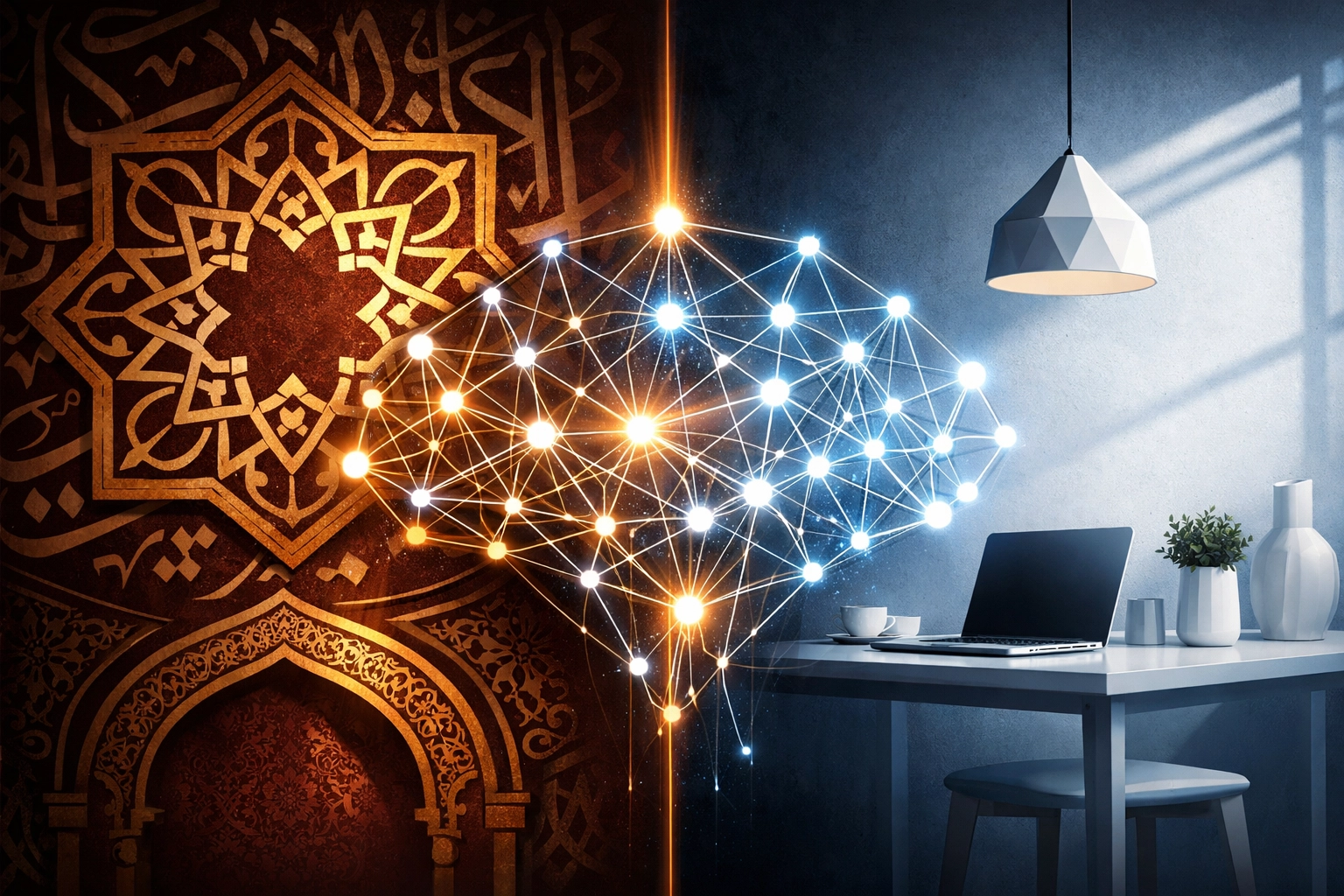 Cultural web design contrast showing Arabic patterns and minimalist design connected by AI