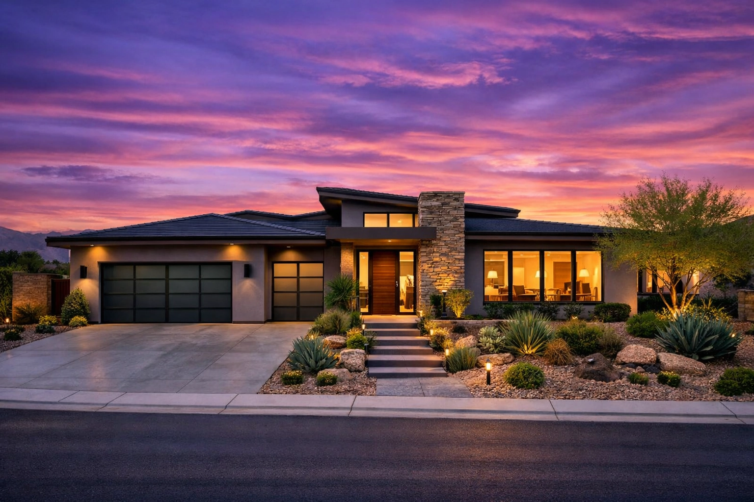 Beautifully staged Henderson home at sunset prepared for divorce property sale