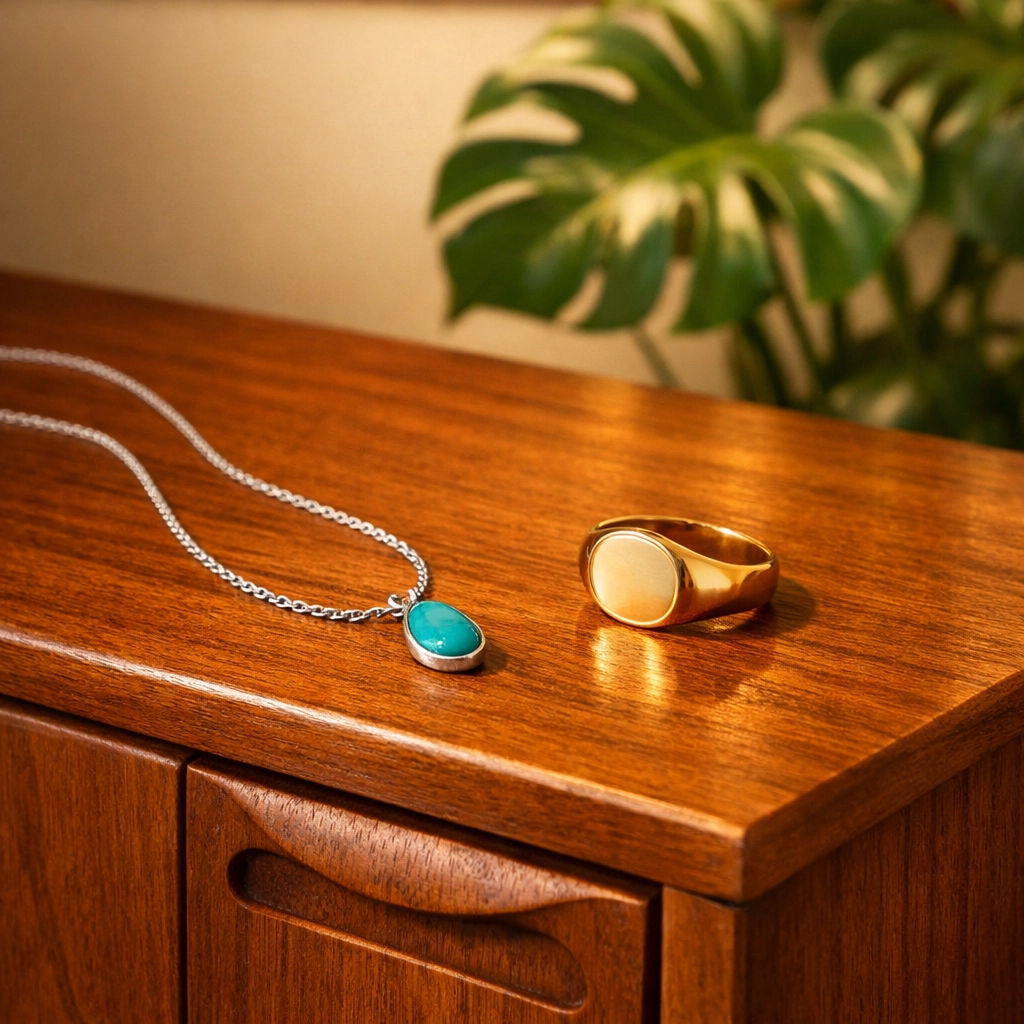 Vintage midcentury modern teak sideboard with sterling silver and gold jewelry finds for thrift store flipping.