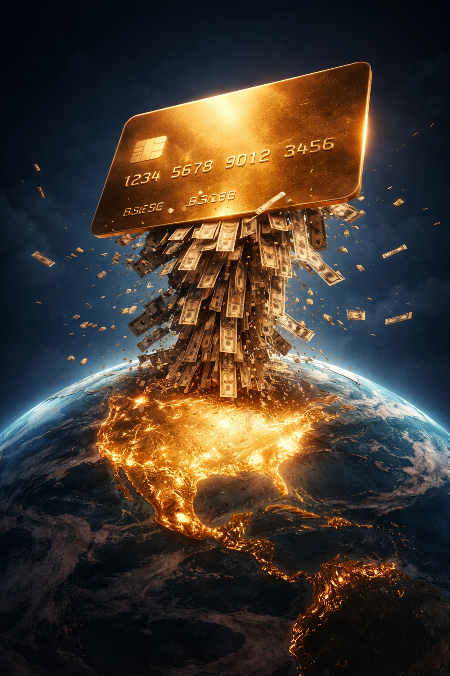 Golden credit card raining US dollars onto glowing United States, symbolizing dollar reserve currency privilege