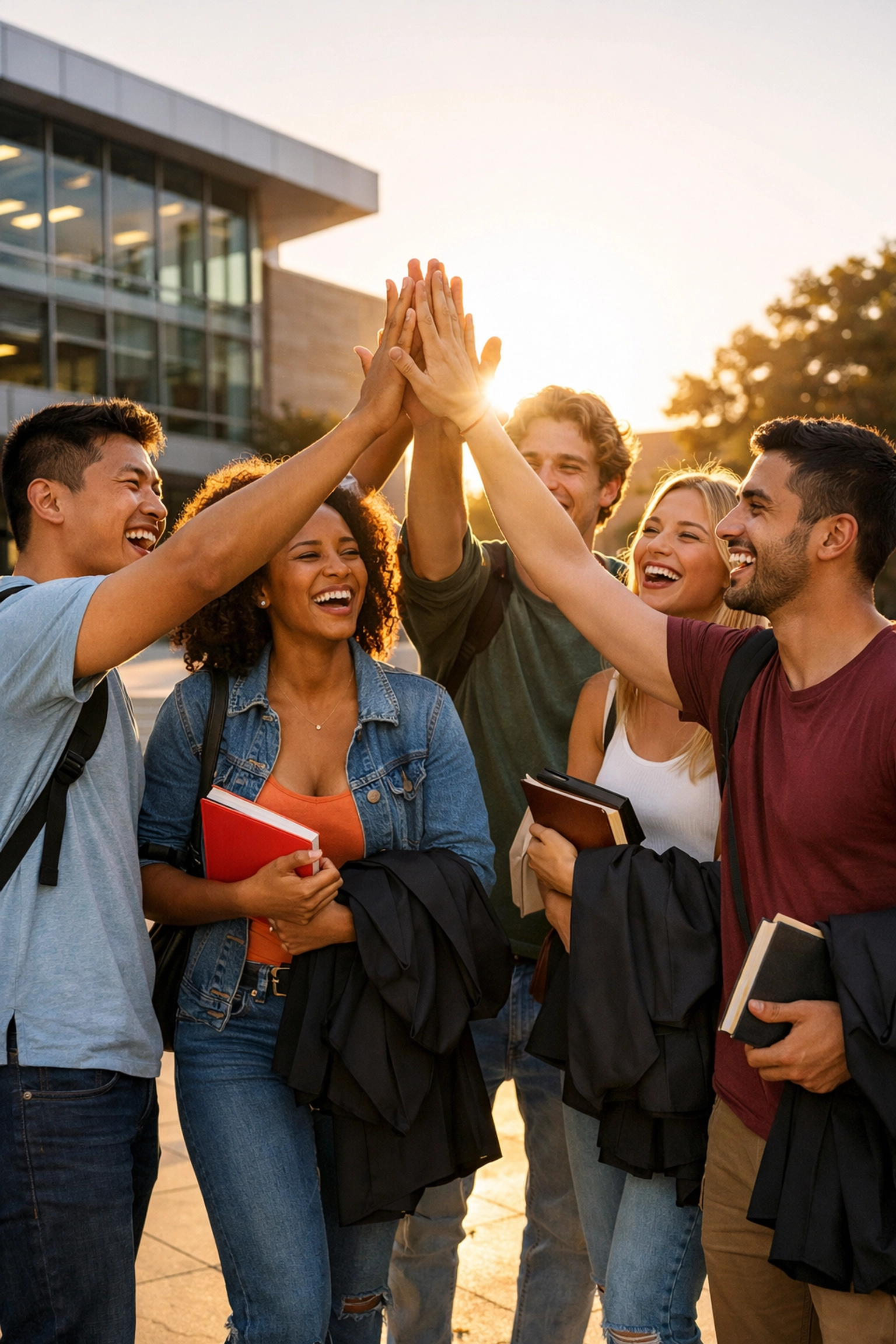 Diverse students celebrating graduation after using alternative credit to save on degree costs. (1x1, center safe zone; text within safe zones)