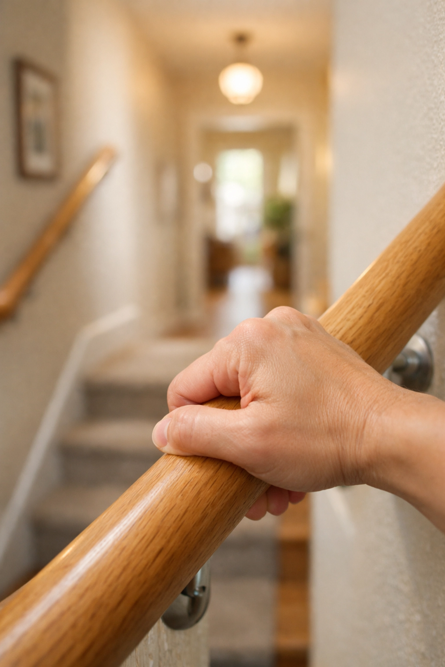 A person firmly gripping a sturdy wooden handrail for balance and stability on a home staircase.