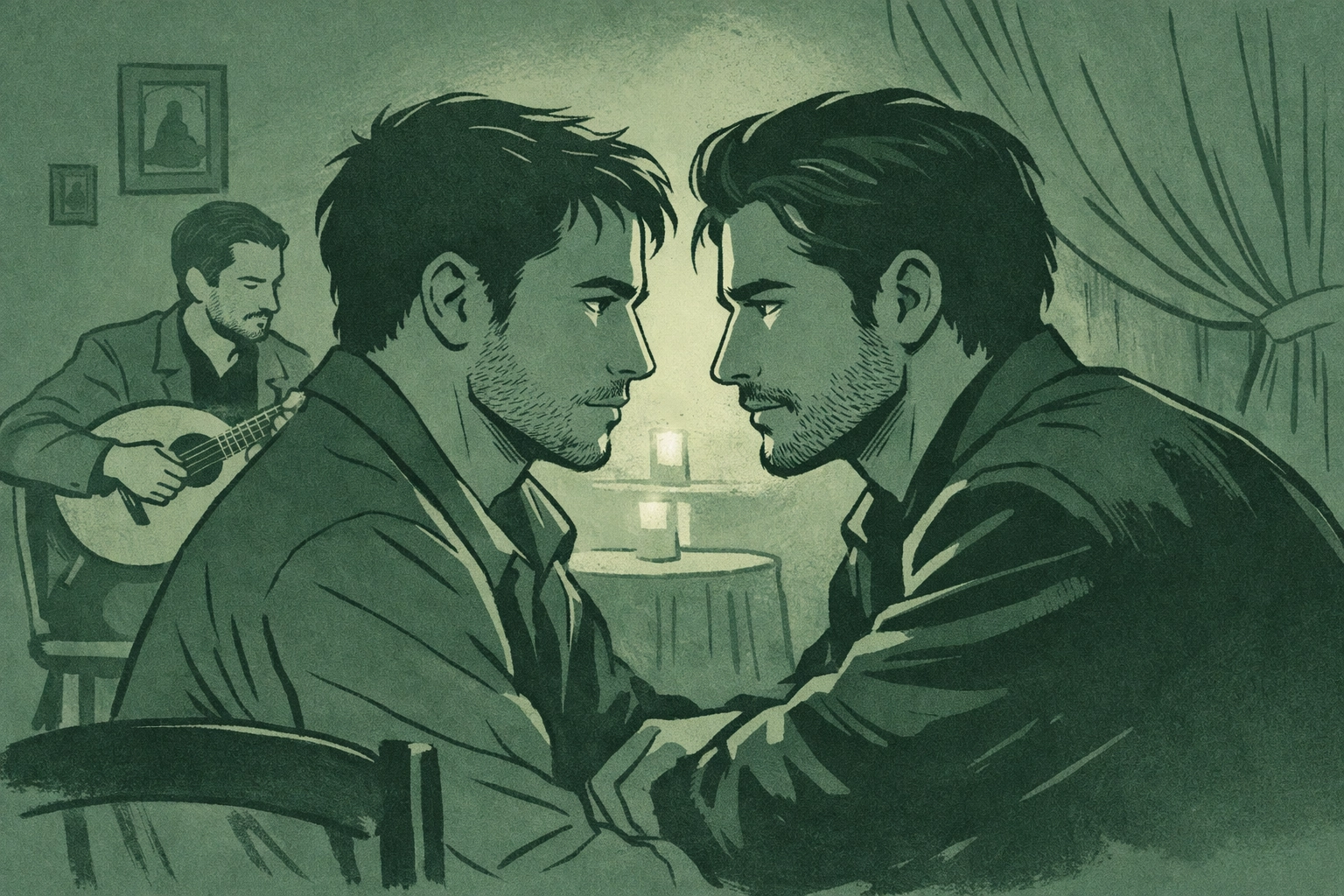 Two men connect at traditional fado venue in Lisbon - intimate gay romance moment