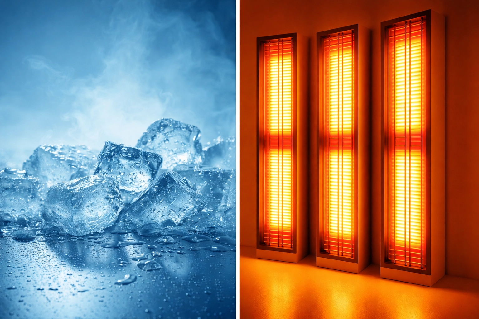 Split image showing ice water and infrared heat panels to compare cold plunge and infrared recovery methods