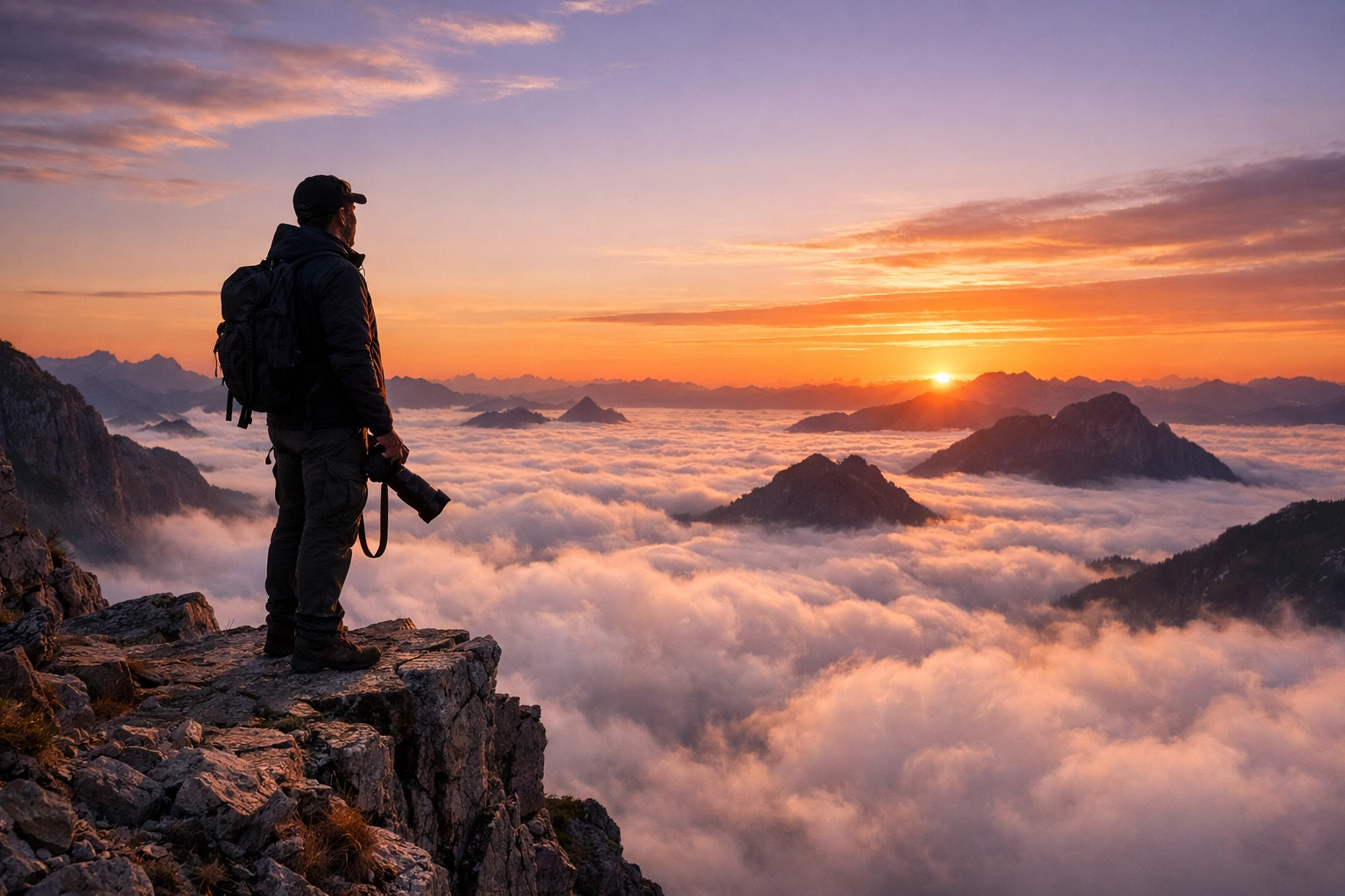 Photographer at sunset prioritizing artistic composition over technical manual mode settings on a cliff.