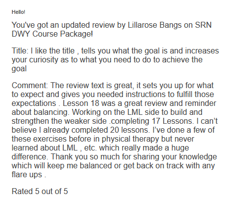 Screenshot of a 5-star client review for the SRN DWY Course Package