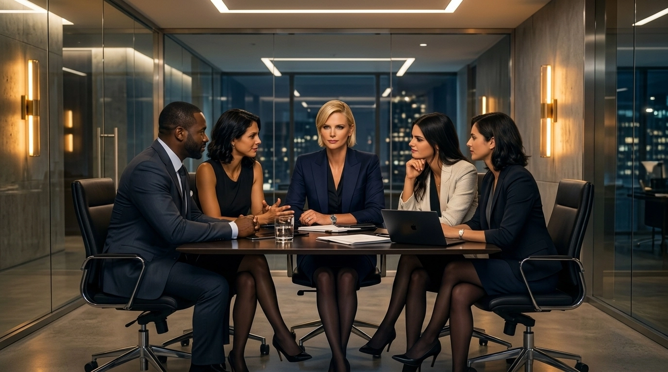 Dr. Greg Stewart and his executive coaching team illustrating the RHWR approach to leadership in a modern office, with female staff and executives wearing professional pencil skirts and nylons.