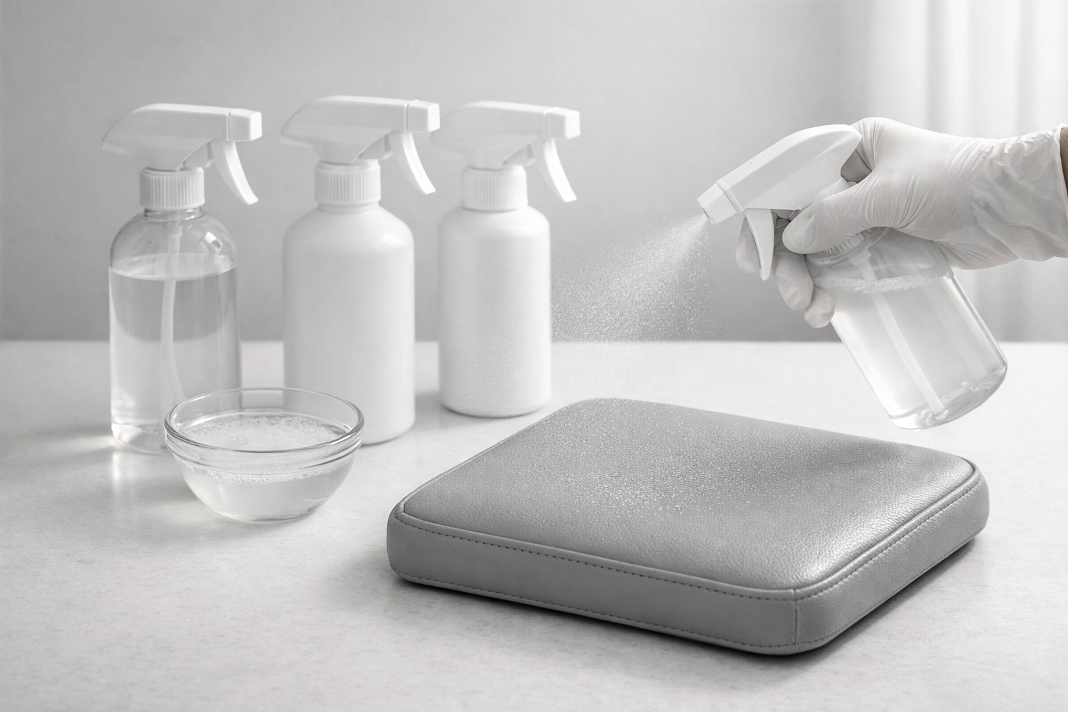 Medical upholstery fabric sample being tested with disinfectants for clinical safety and durability.