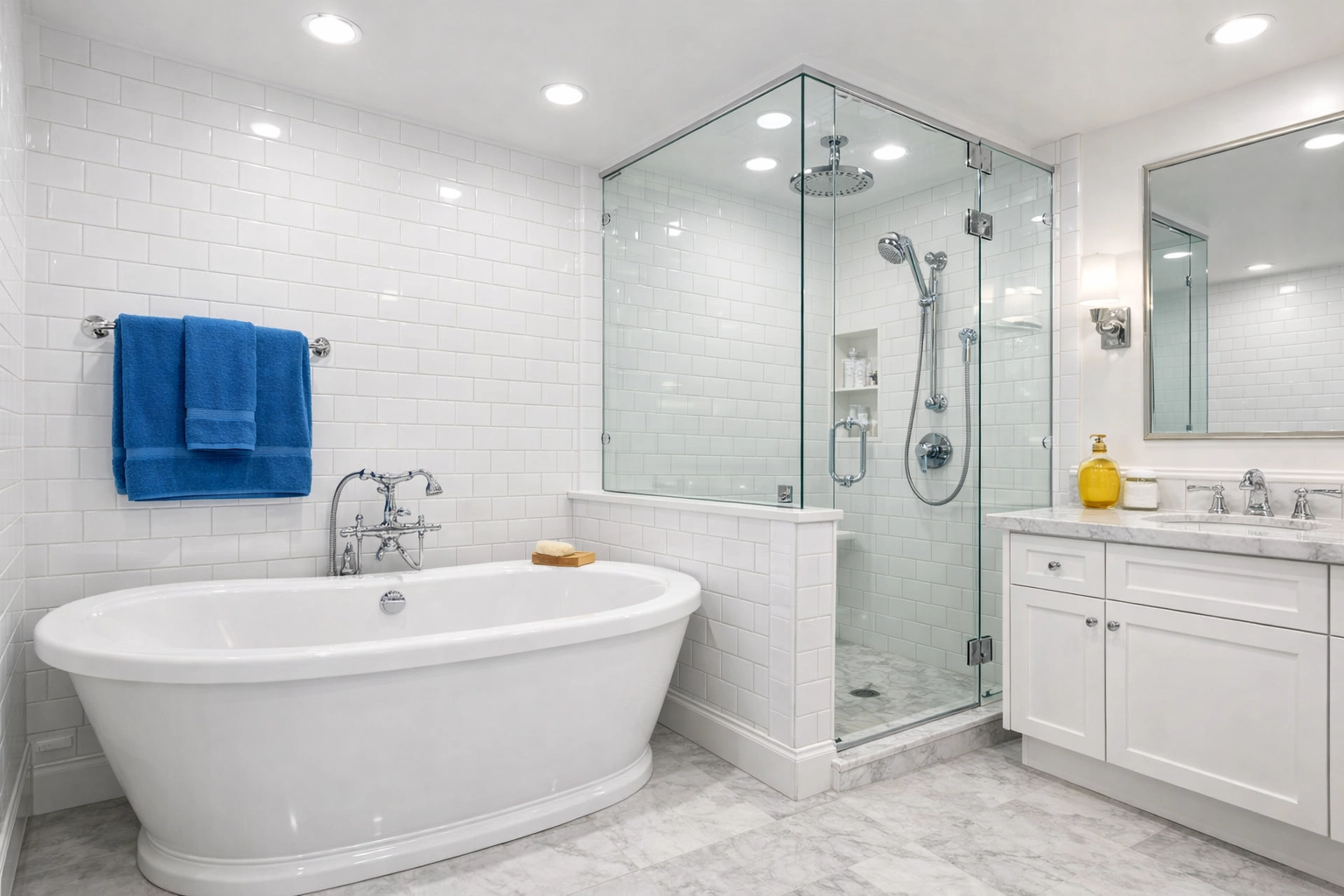 Disinfected master bathroom with white subway tiles and a sparkling tub ready for new homeowners.