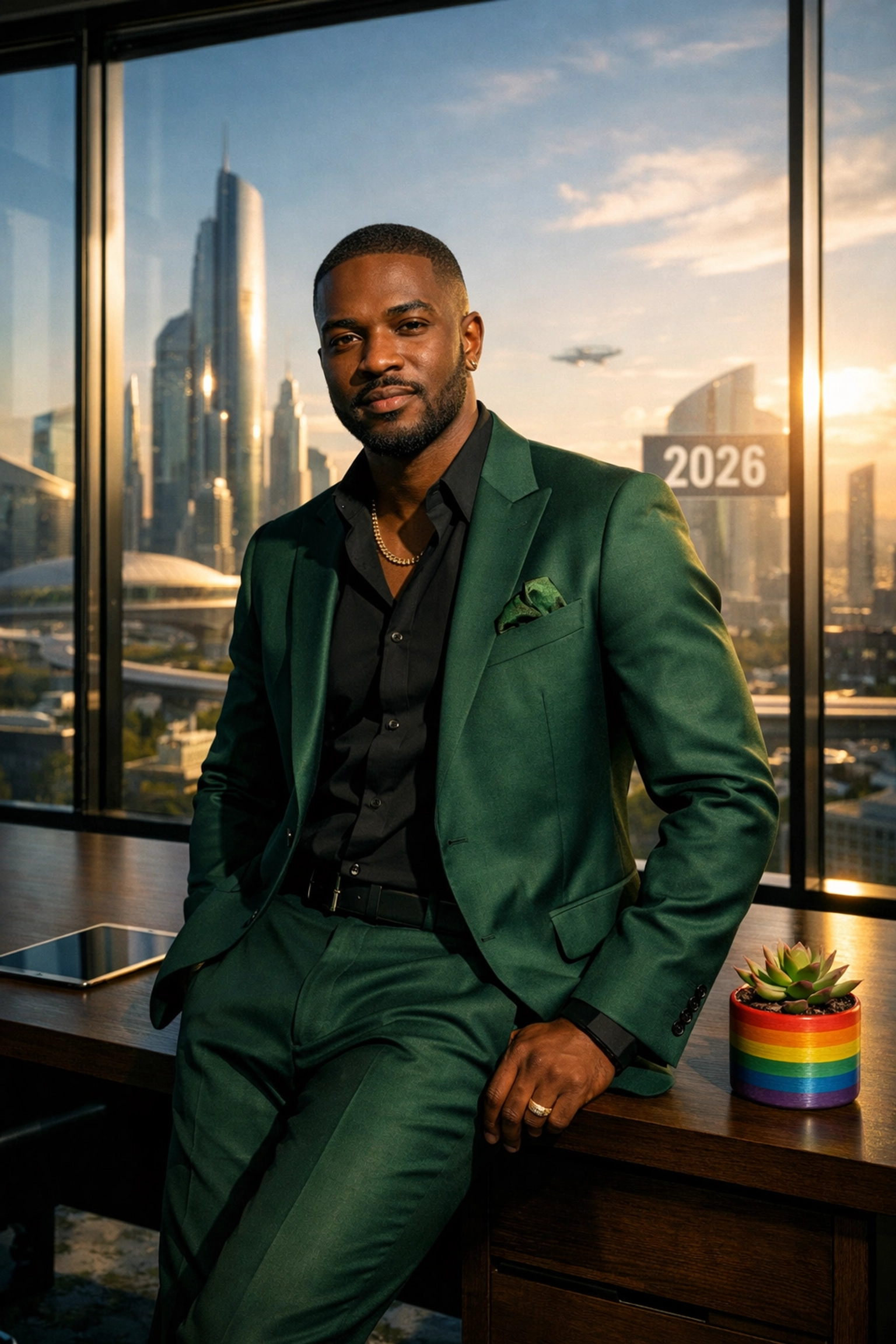 A professional gay man in a modern office representing queer leadership and career success in 2026.