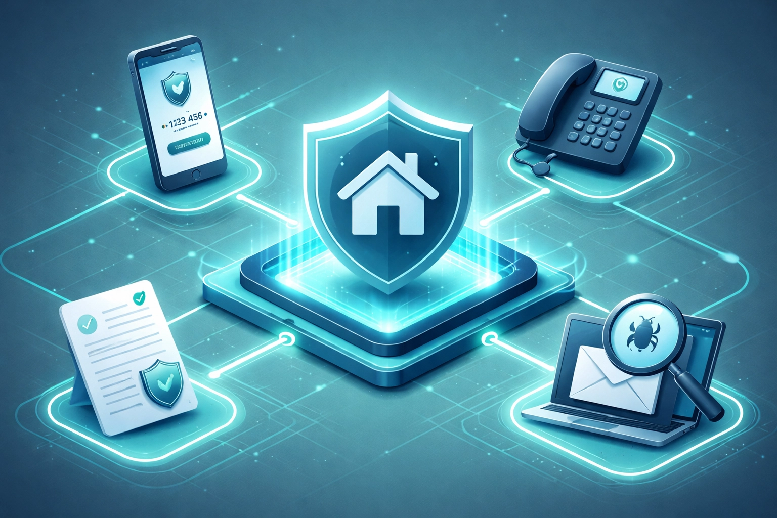 Secure real estate transaction system with verification checkpoints, illustrating layered cybersecurity protection against wire fraud.