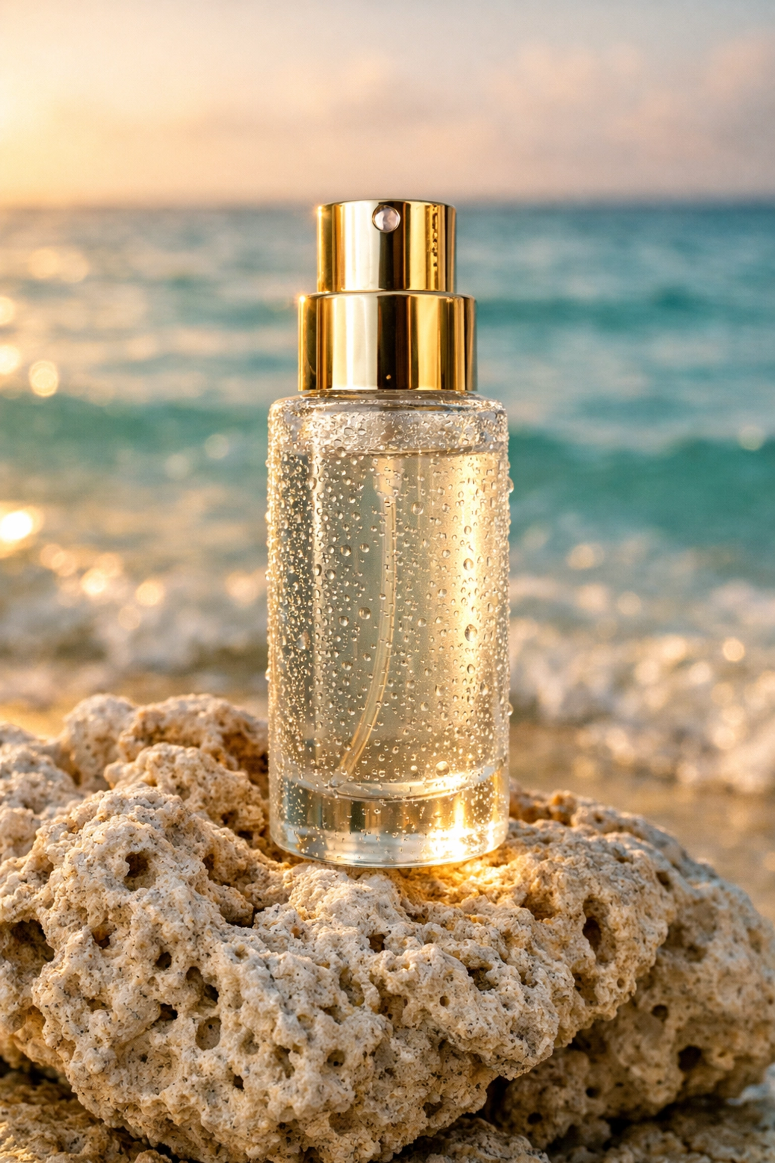 High-quality product photography Miami featuring a luxury skincare bottle on coral rock at Miami Beach.