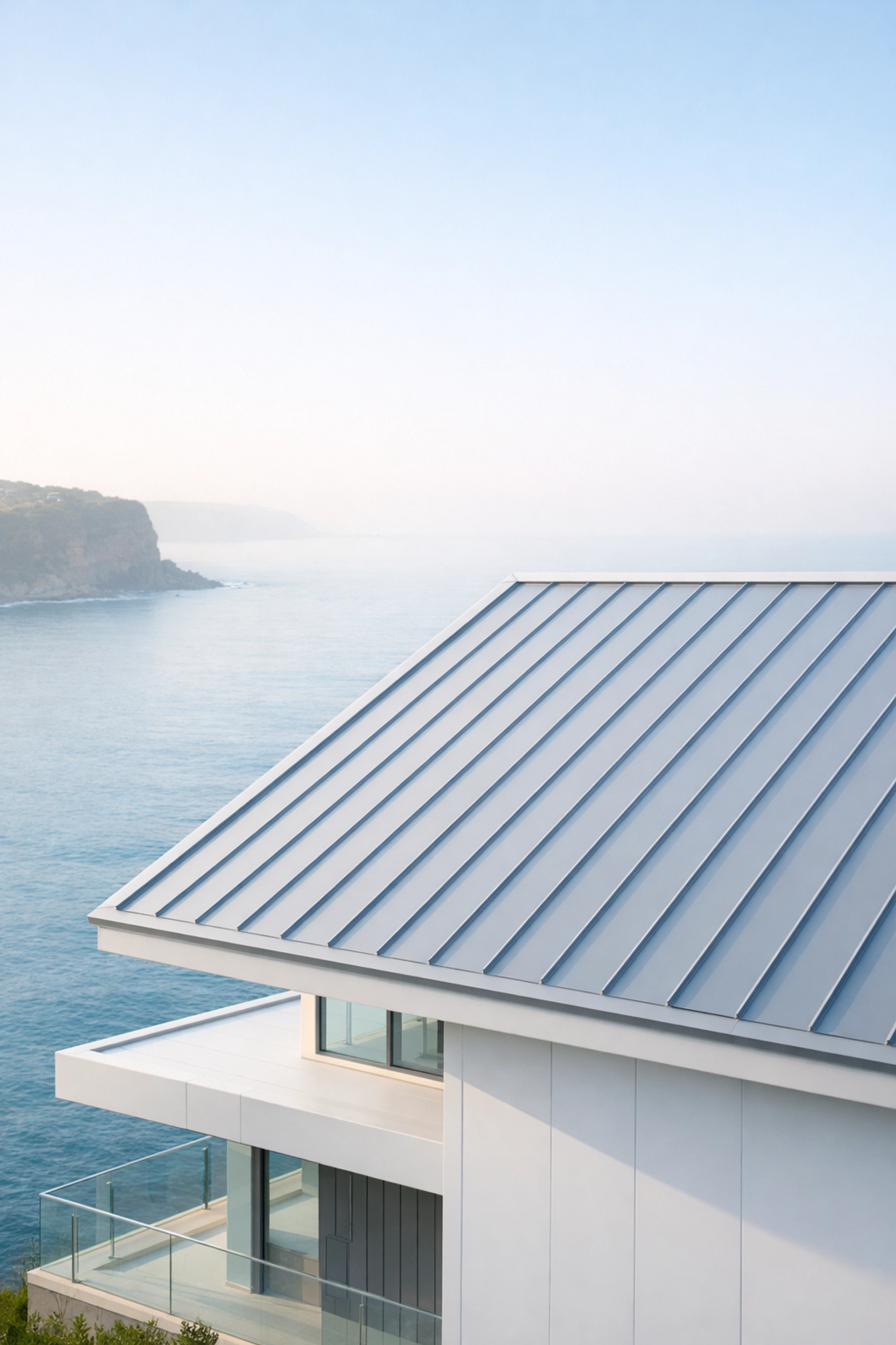 Modern Northern Beaches home with durable marine-grade metal roofing overlooking the ocean.