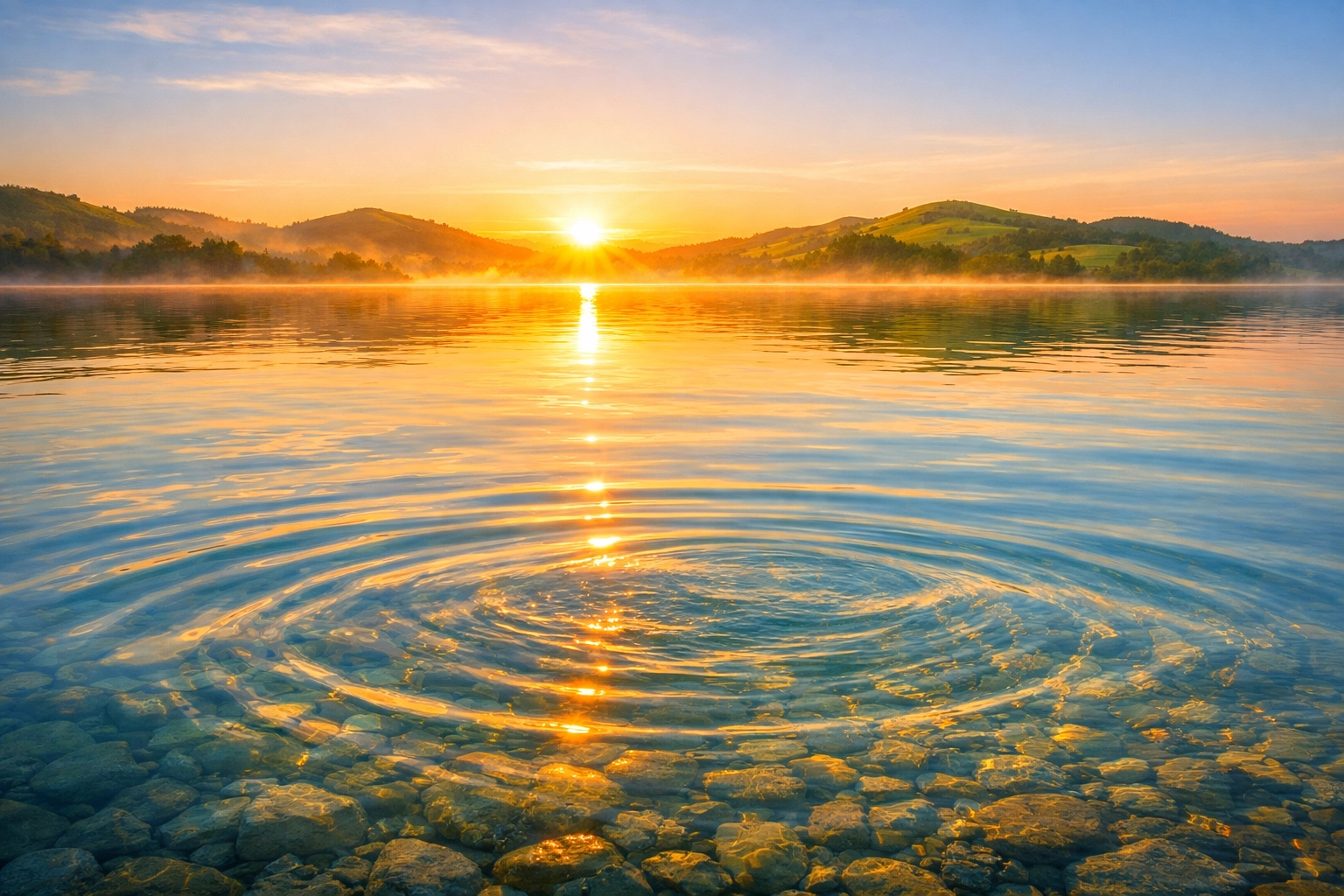 Light reflecting on calm water representing the peace and authority of Jesus Christ over life's storms.