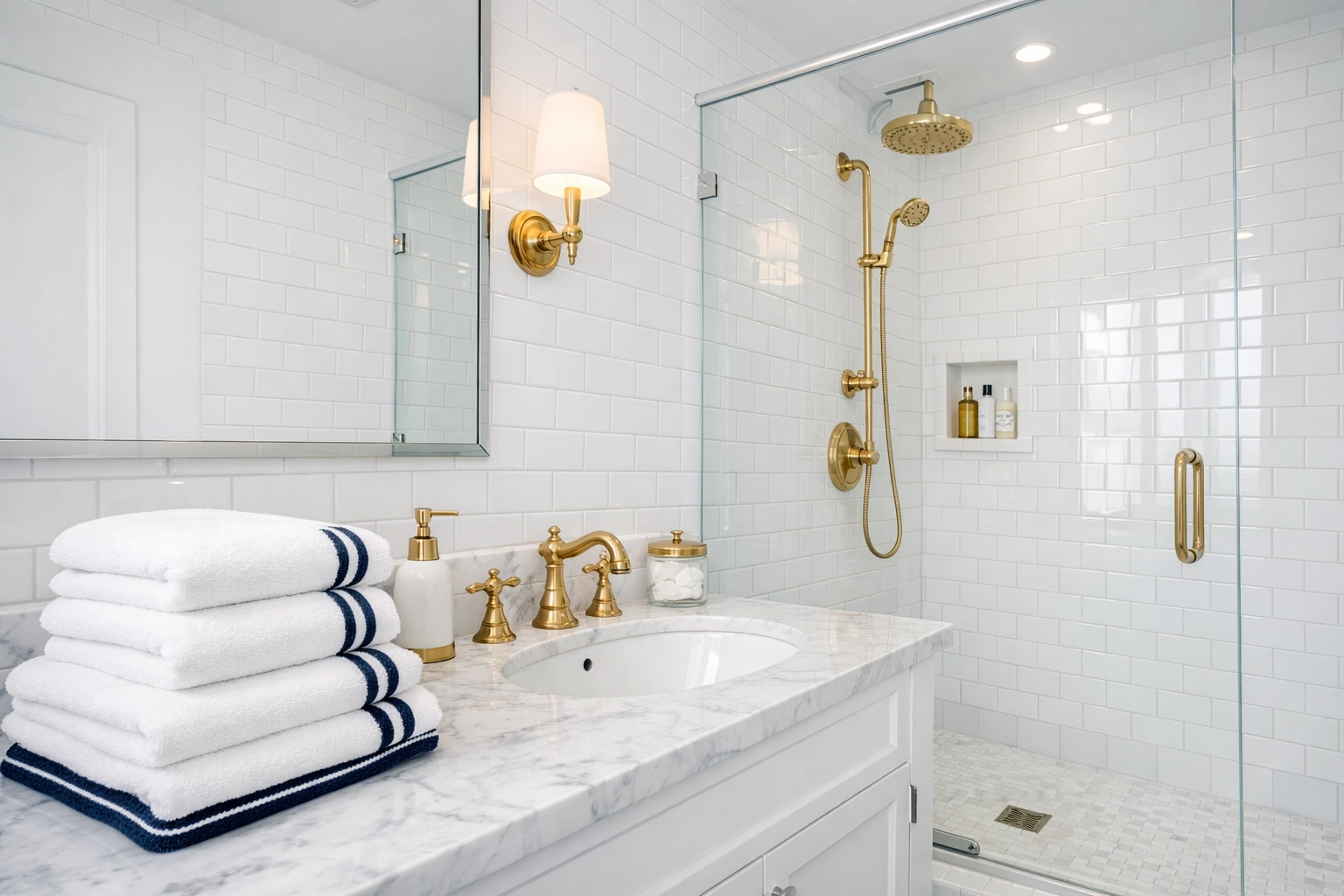 Sanitize luxury bathroom with clean grout for a professional Boston apartment turnover service.