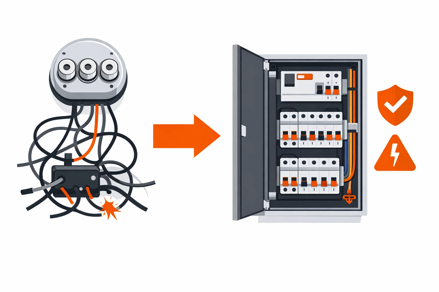 Illustration: Elektro-Sanierung Altbau – Vorher/Nachher-Schema (Altbestand vs. moderner Verteiler mit FI/LS), orange Sicherheits-Highlights (Elektro-Zentrum CI)