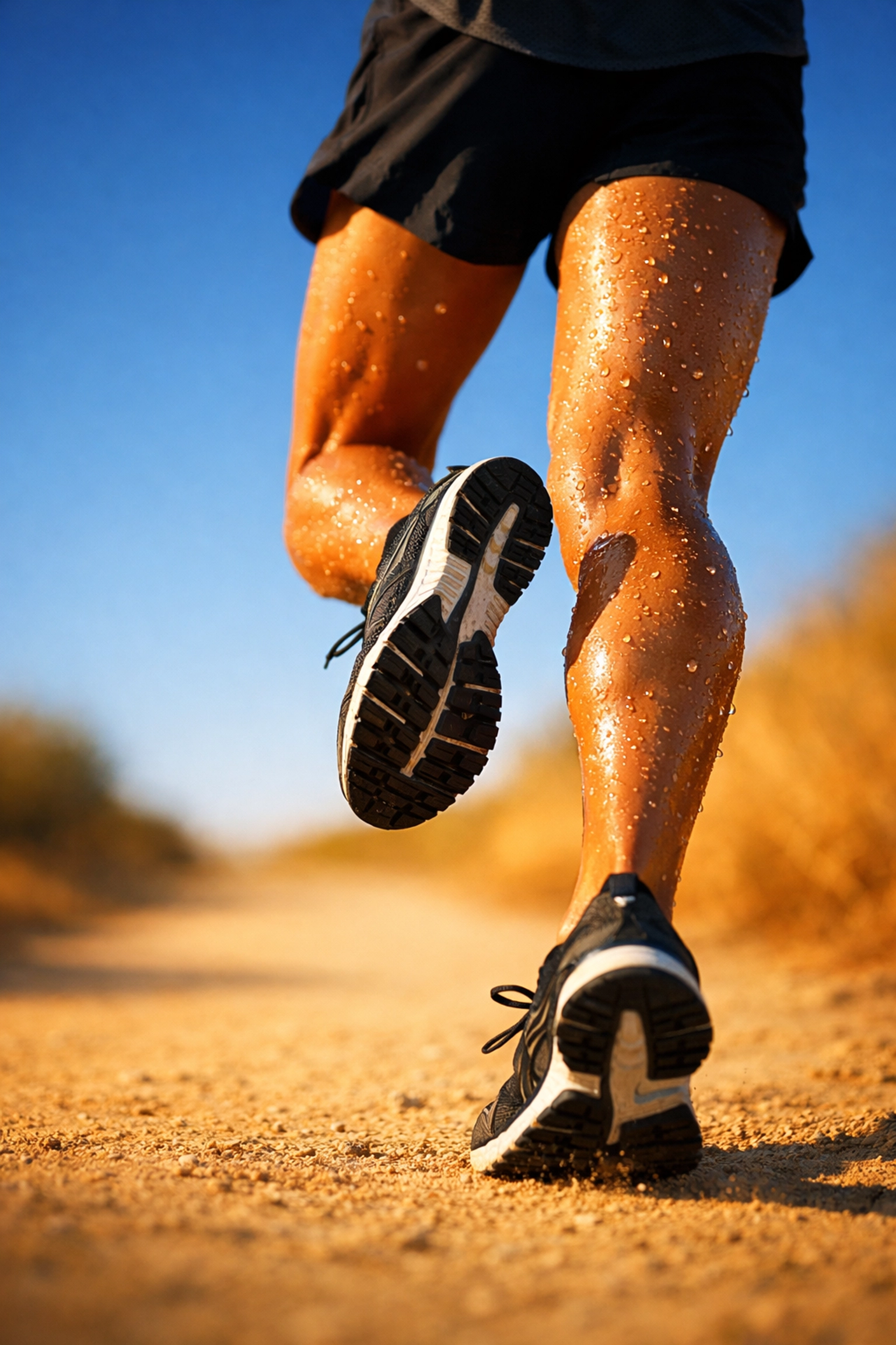 Runner's legs showing sweat during endurance training in hot conditions