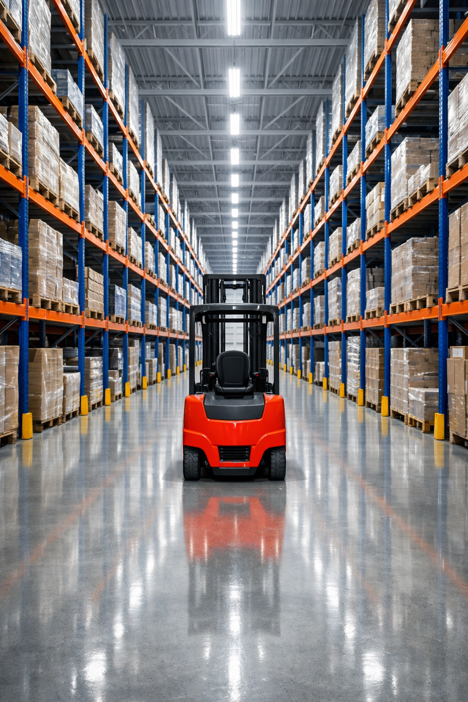 Organized warehouse and fulfilment center in Hertford with industrial racking and a modern forklift.