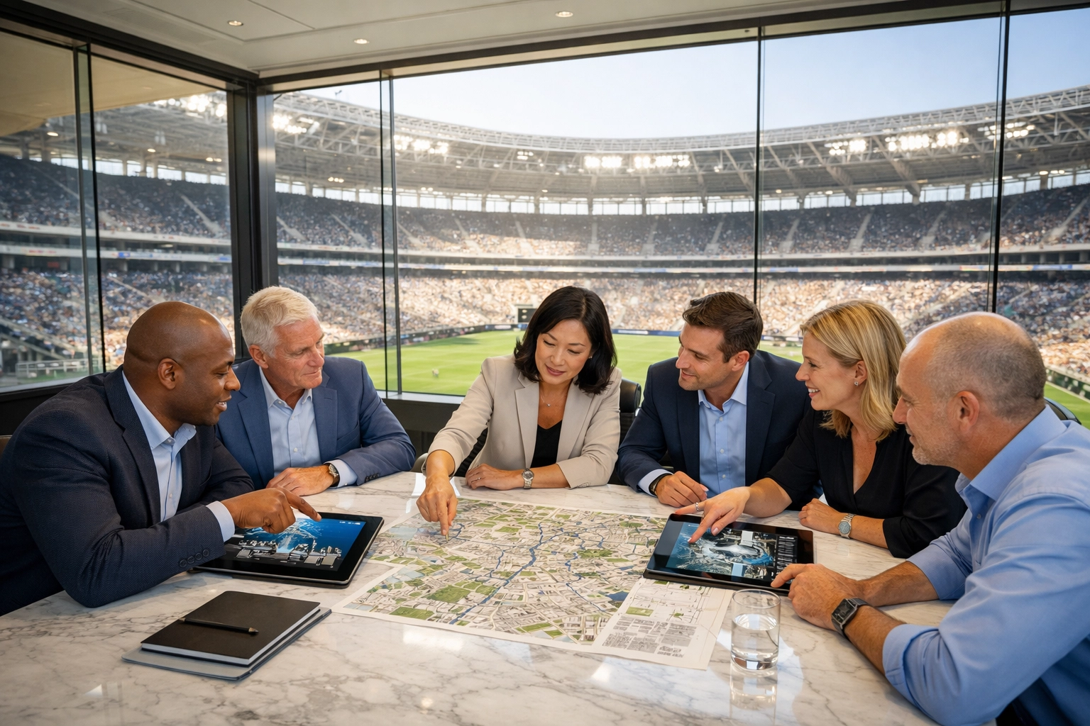 Executives planning a Super Bowl VIP hospitality strategy in a luxury corporate suite overlooking a stadium.