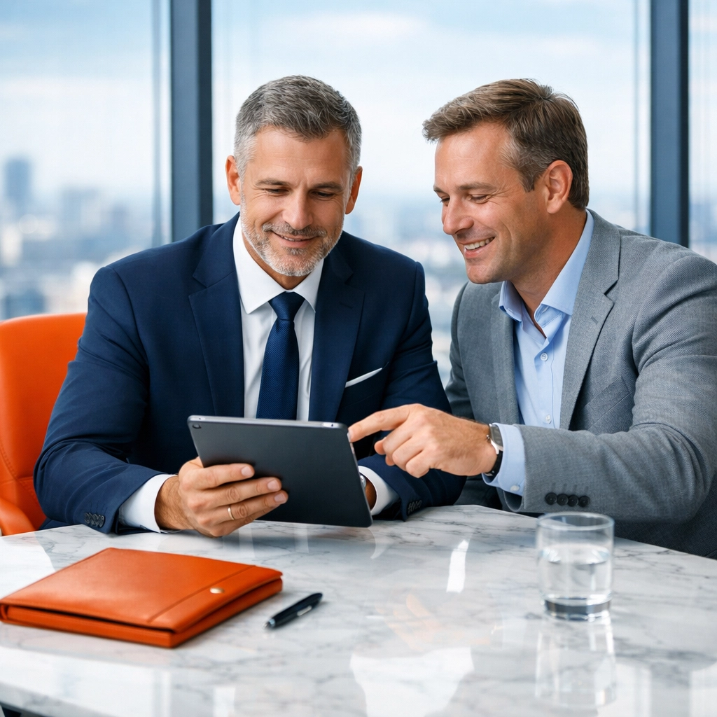 Business owner and advisor discussing a confidential business sale and exit strategy in a modern office.