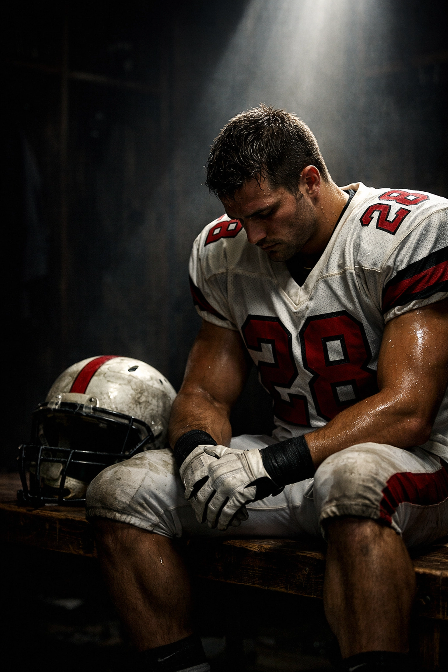 Football player sitting in a locker room practicing mental preparation and pre-game focus before a big game.