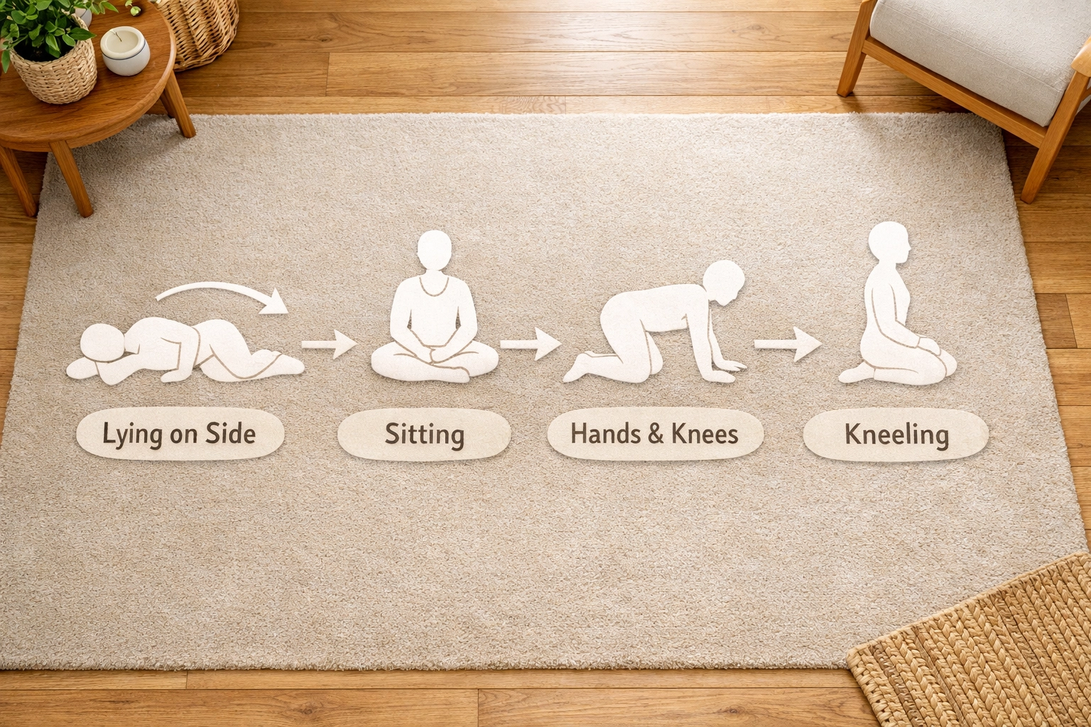 Sequential floor positions from lying to kneeling showing safe fall recovery progression