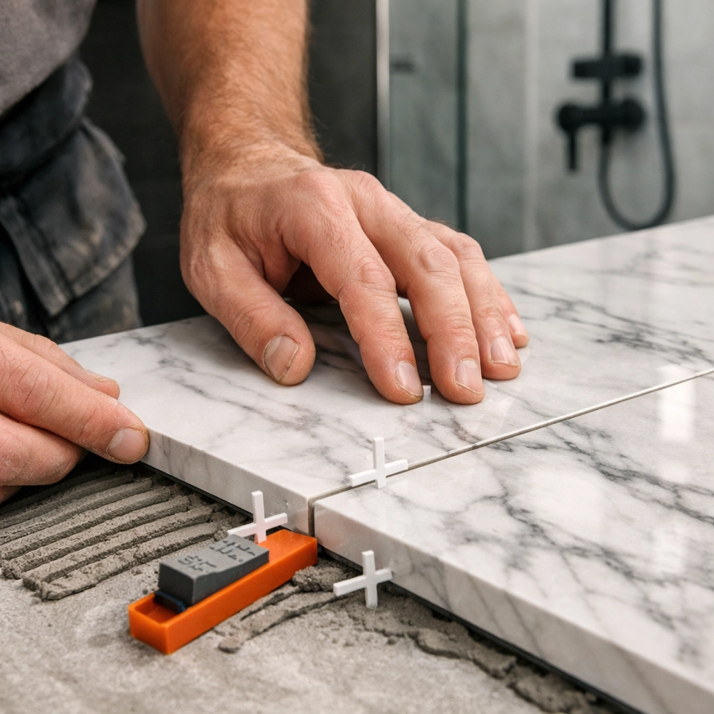 Skilled contractor installing marble tile for a professional bathroom remodel in Central Ohio.