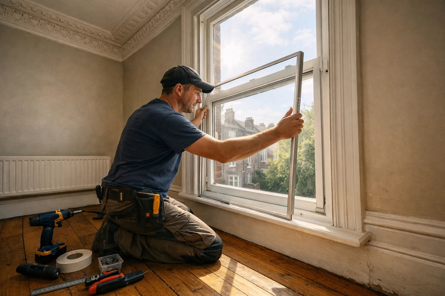 Professional installer fitting secondary glazing panel into Victorian sash window frame in period property