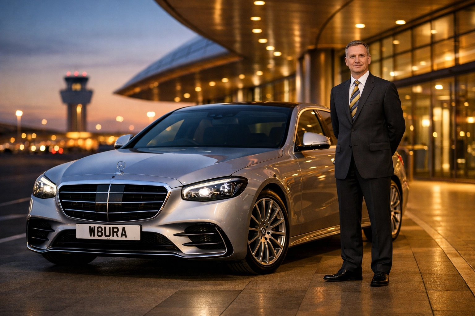 Professional chauffeur hire Nottingham: silver Mercedes-Benz S-Class ready for airport transfers.