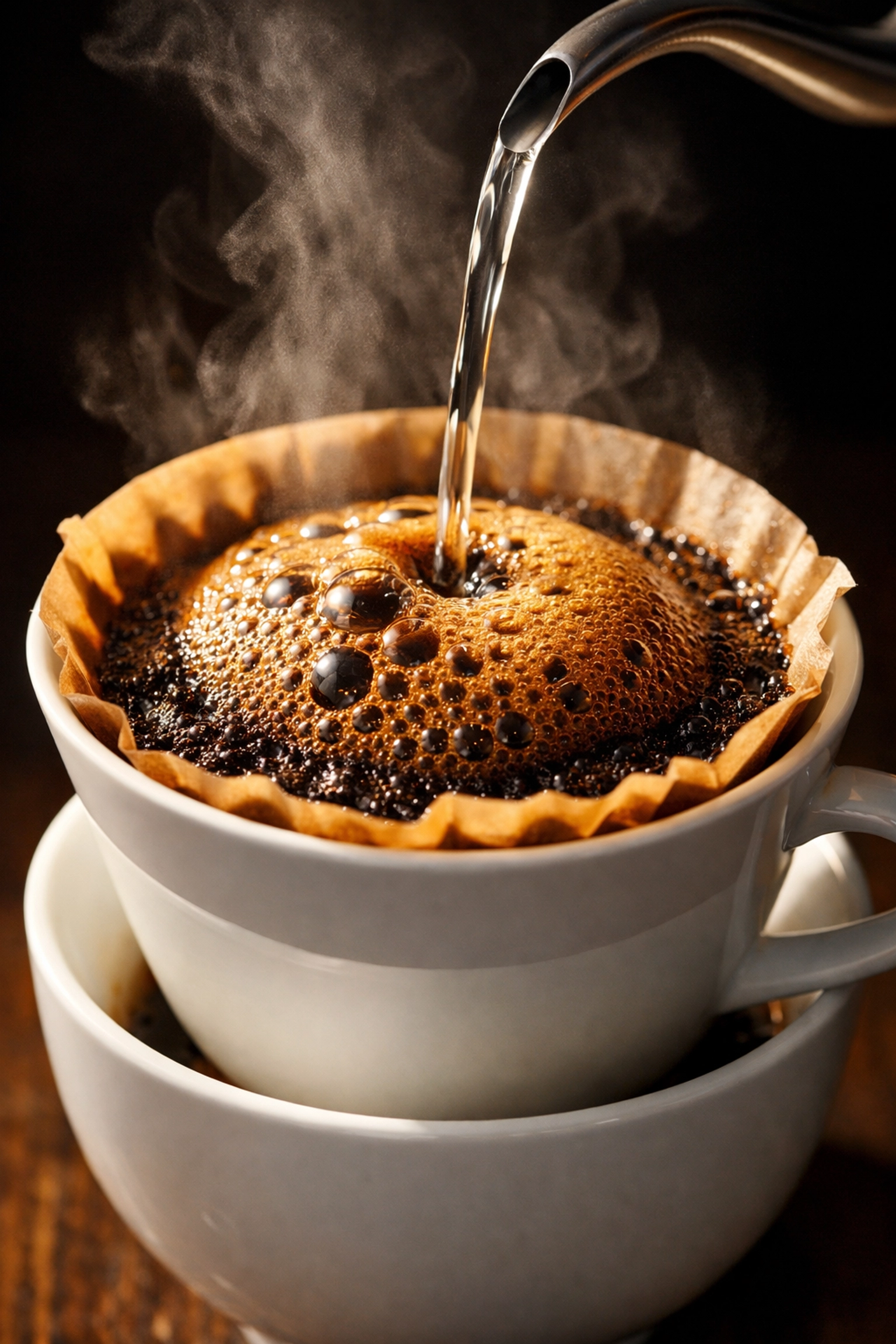 Fresh-roasted subscription coffee brewing with perfect bloom showing quality