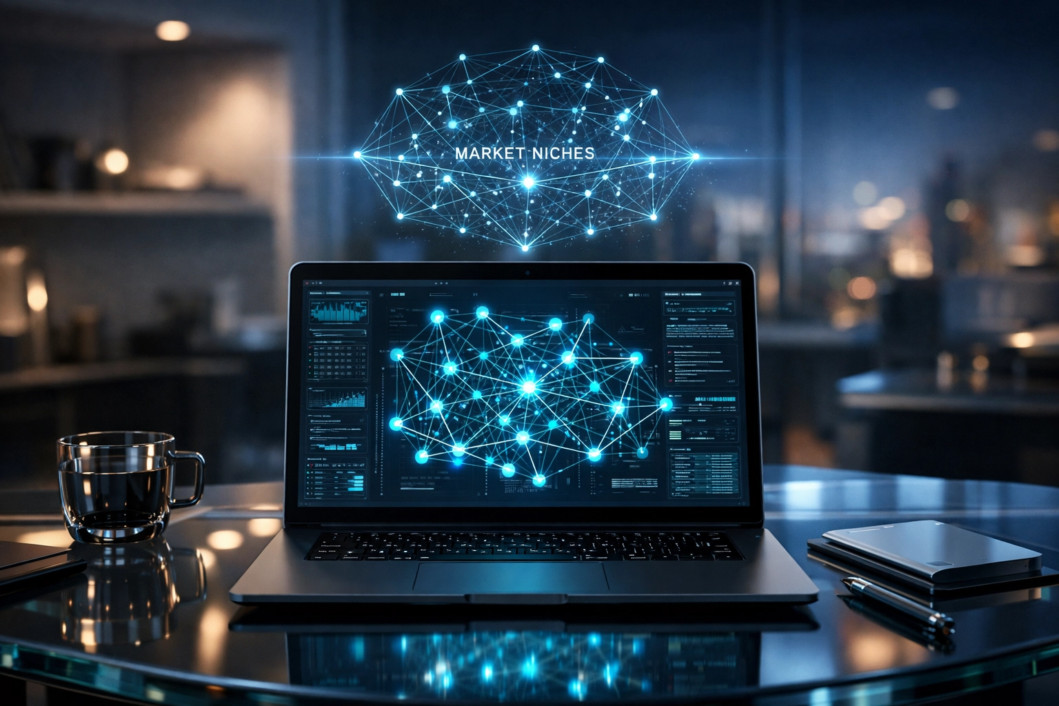 Modern laptop displaying an AI-driven network of profitable market niches for affiliate marketing strategy.
