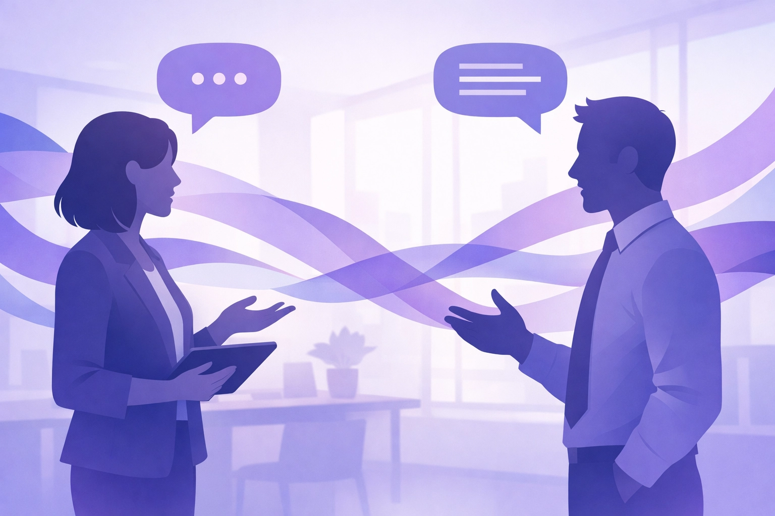 Two professional figures engaged in a collaborative dialogue about workplace accessibility in a modern office.