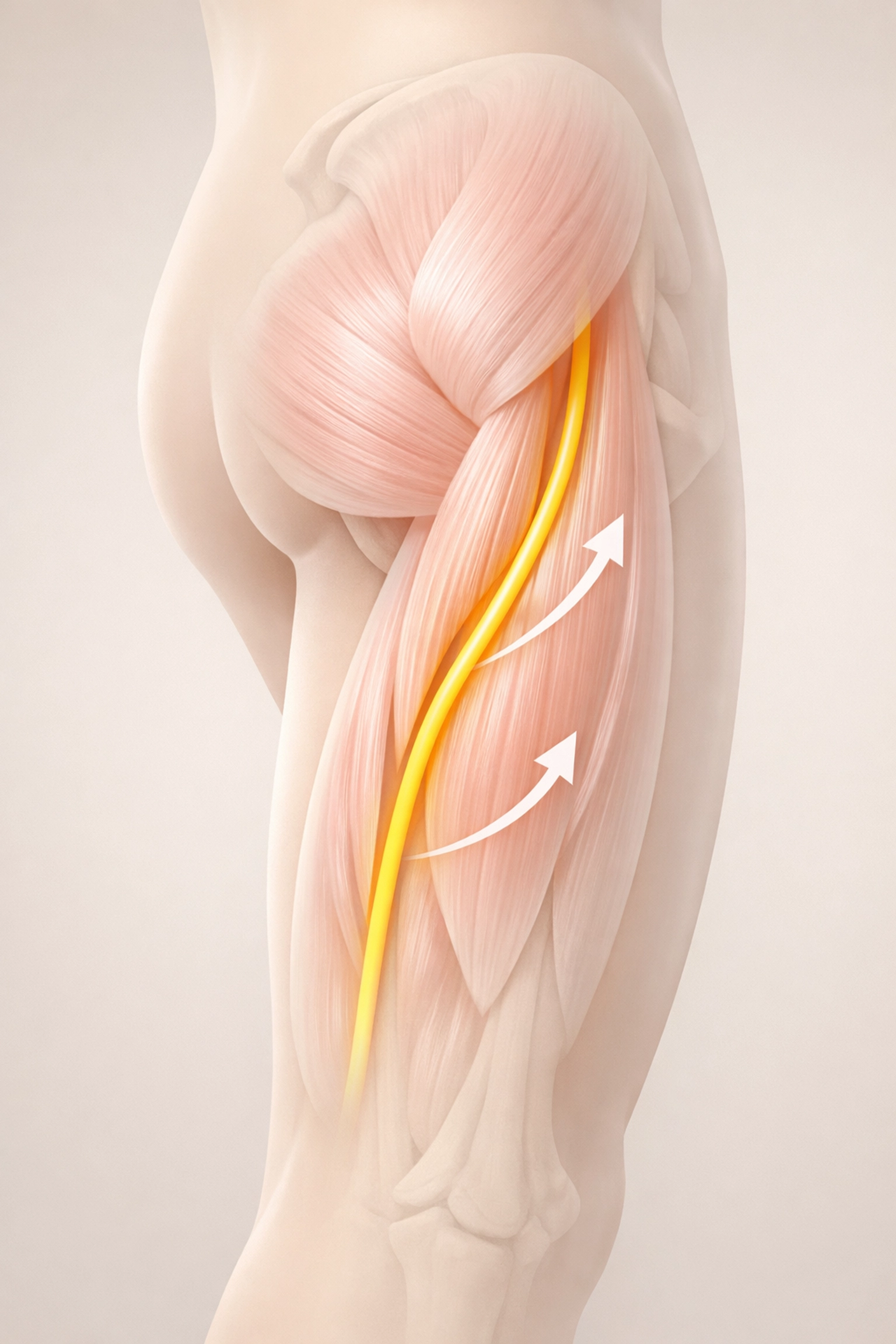 Sciatic nerve pathway through hamstring muscles showing nerve tension during stretch