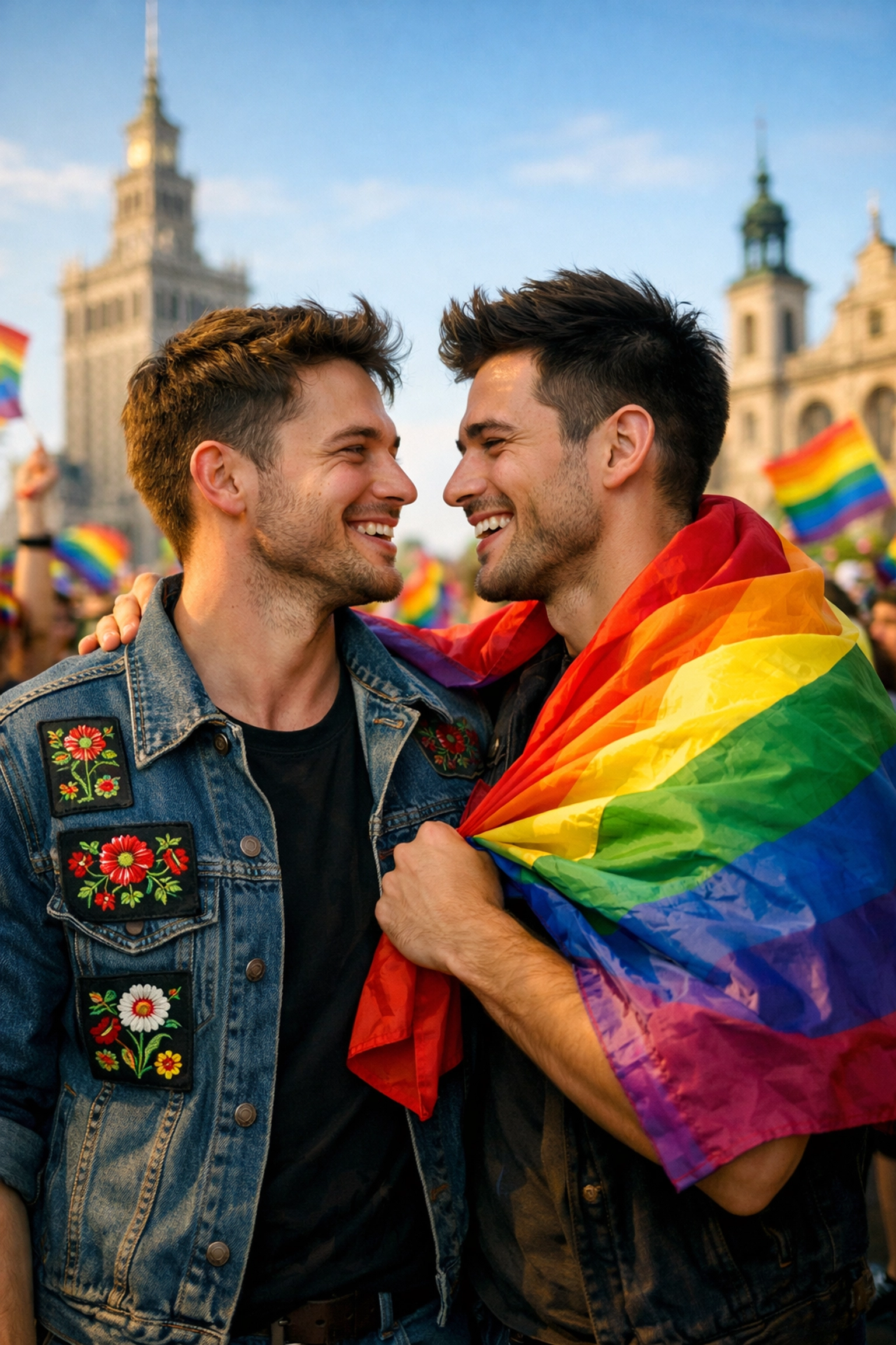 Gay couple at Warsaw Pride with a rainbow flag and Polish folk patterns, celebrating LGBTQ+ resilience.