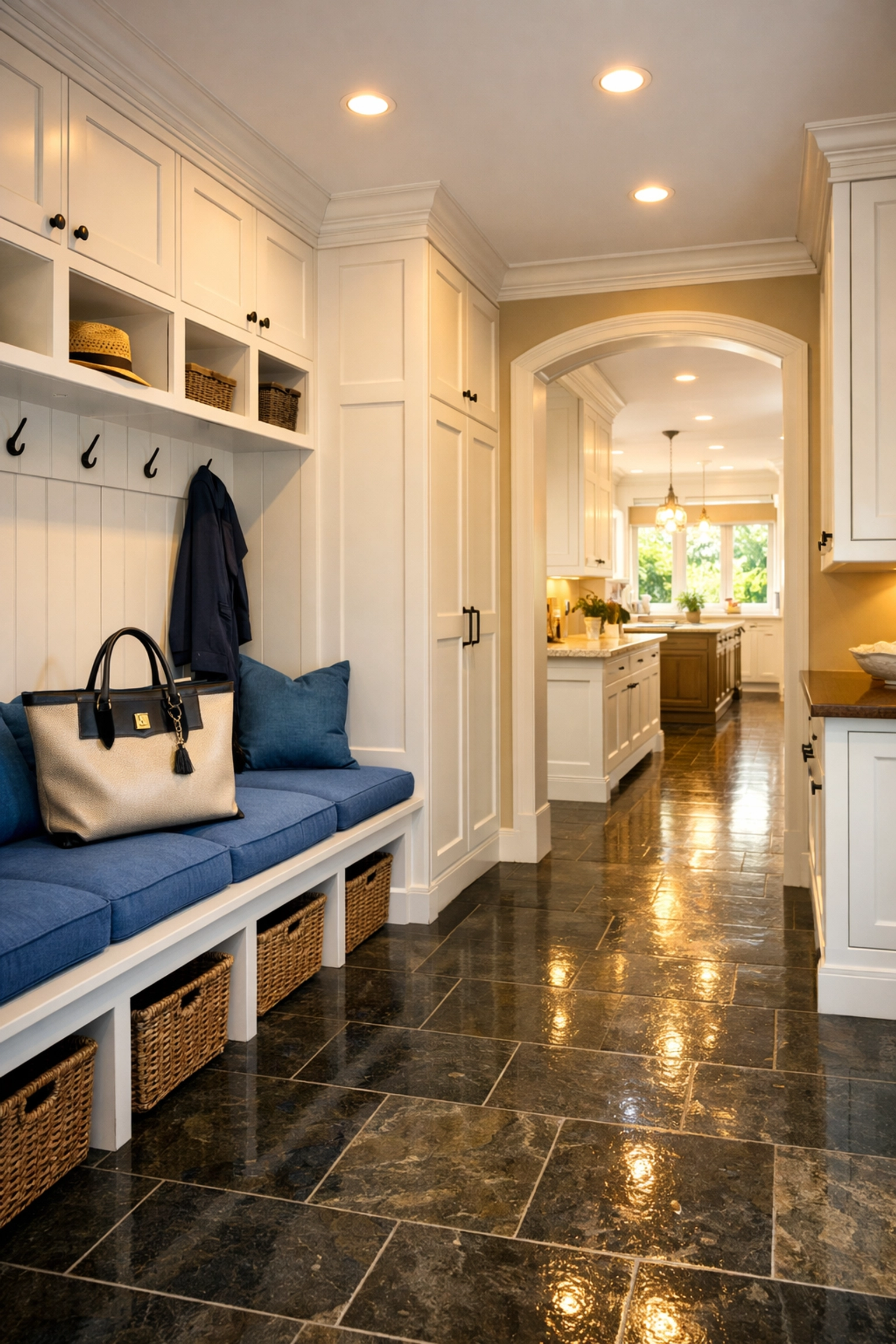 An organized and spotless luxury entryway in a Massachusetts home after professional house cleaning.