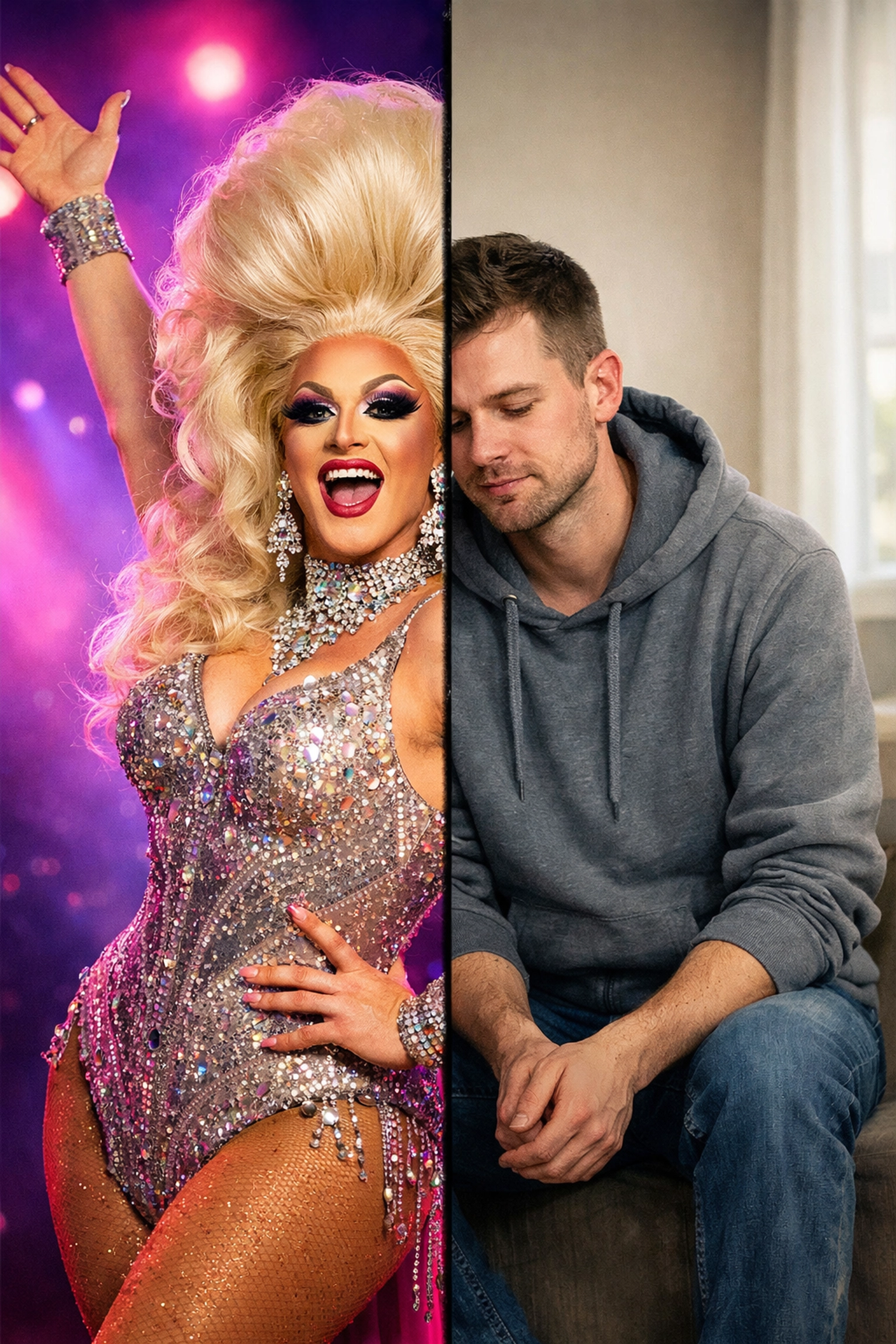 Split image of drag performer in full costume versus casual everyday clothes showing dual identity