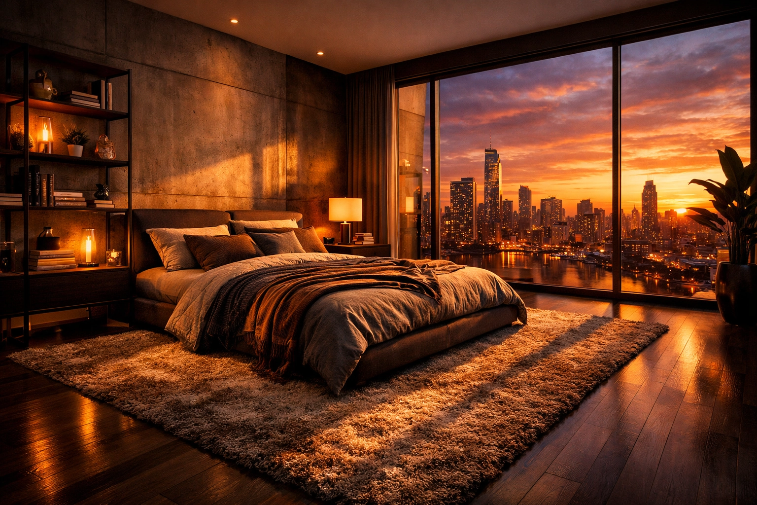 Modern luxury bedroom featuring a city skyline view and cinematic sunset lighting