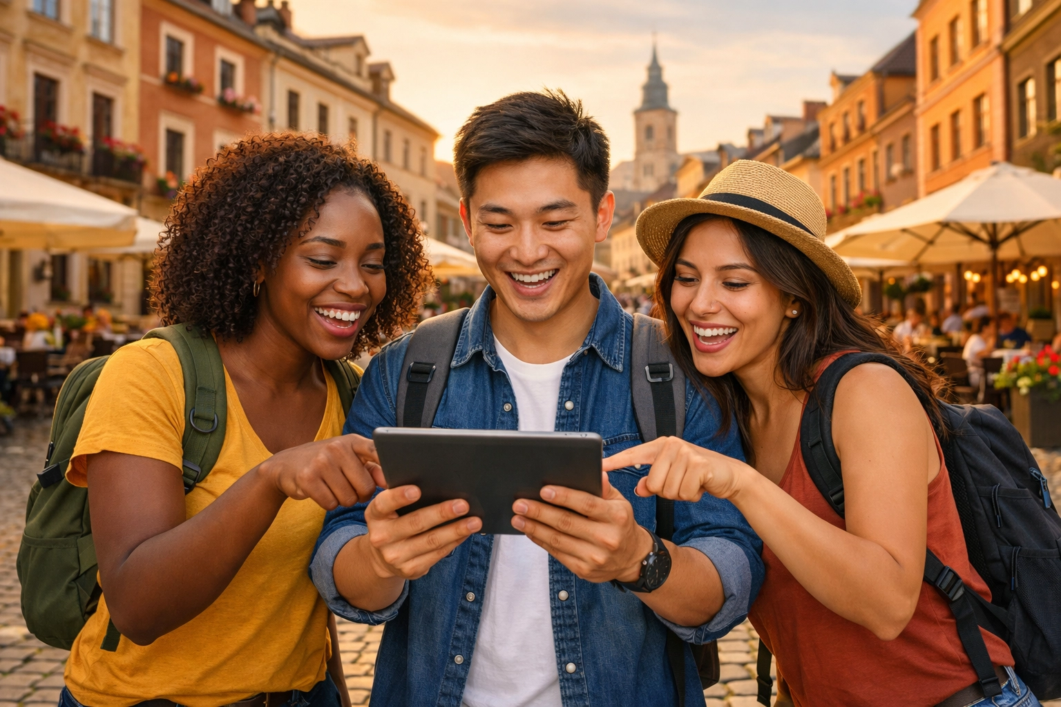 Group of travelers reviewing accommodation options on tablet in European city