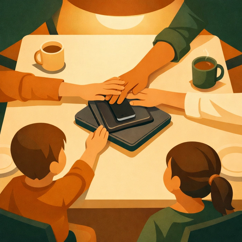 Christian family gathering around kitchen table with devices stacked, connecting together