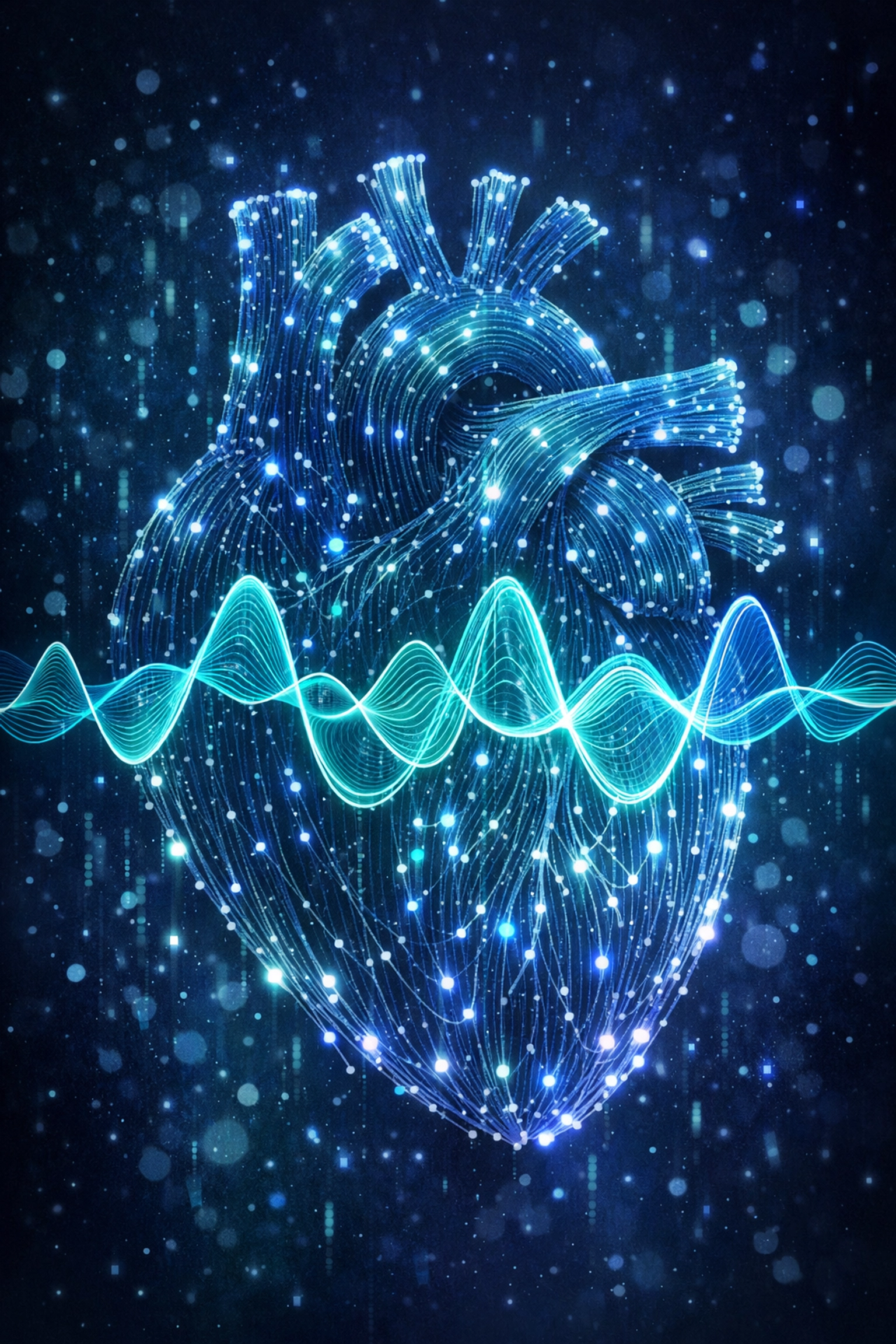 An artistic heart silhouette with wave patterns representing heart rate variability and biological wellness.