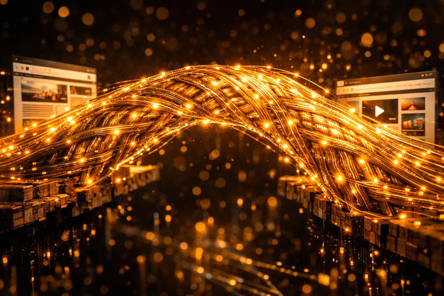 A glowing digital bridge connecting webpages to illustrate an effective internal linking strategy for SEO.