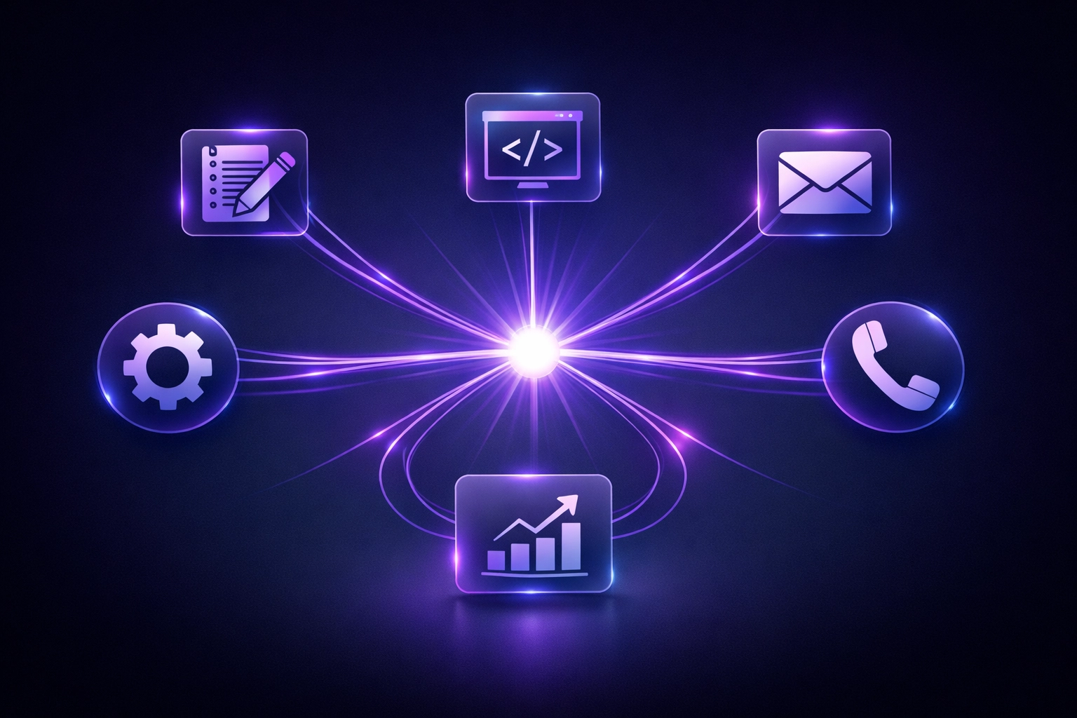 A central digital node connecting to various business icons, symbolizing scaling an SMB with AI agents.