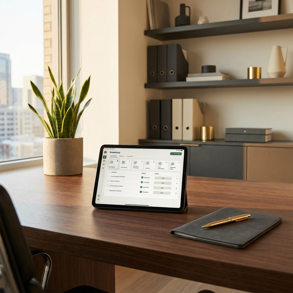 Modern property manager workspace with digital inventory checklist on tablet for efficient property management