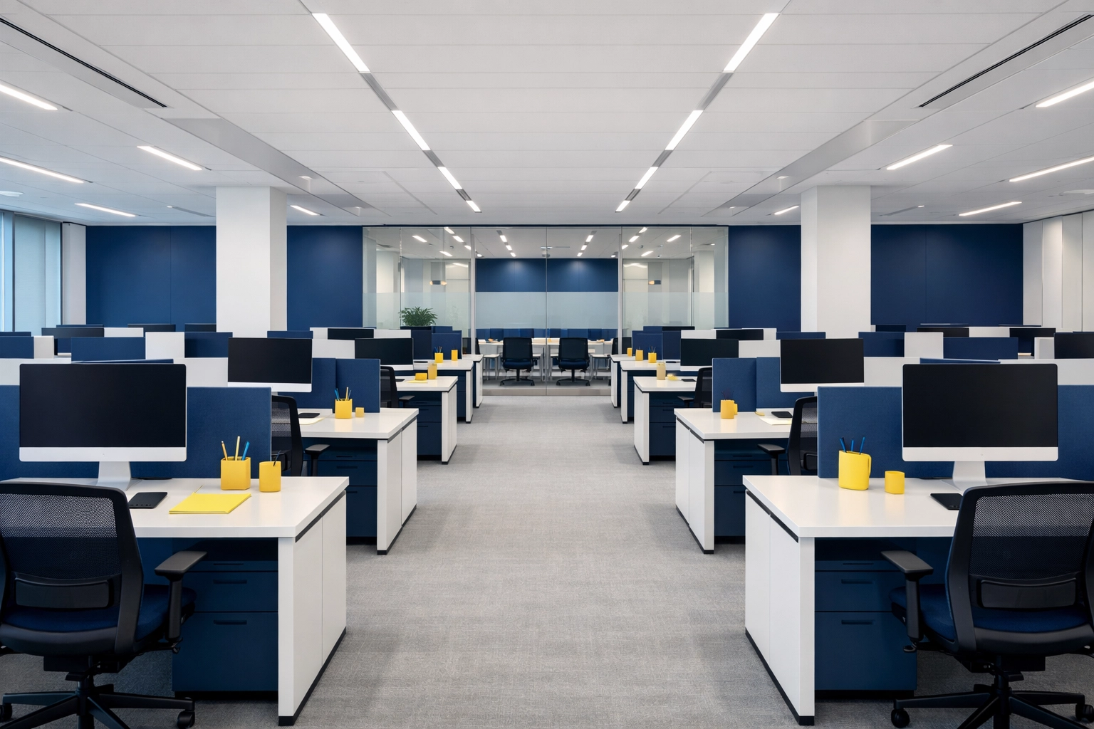 Clutter-free and organized open-plan workspace illustrating successful office cleaning in Bedford for local businesses.