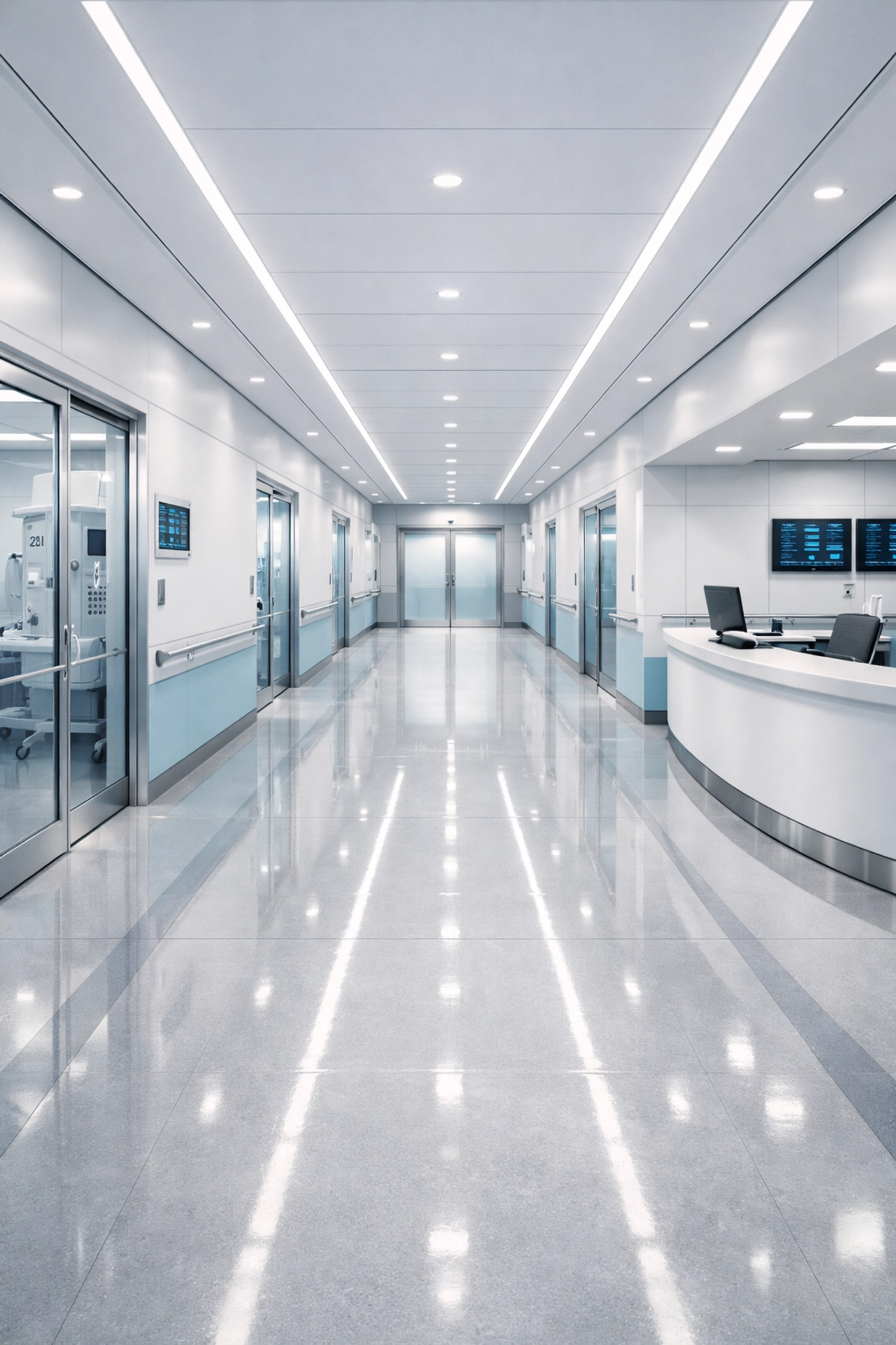 Modern hospital corridor designed for safety and efficiency in a new healthcare facility.