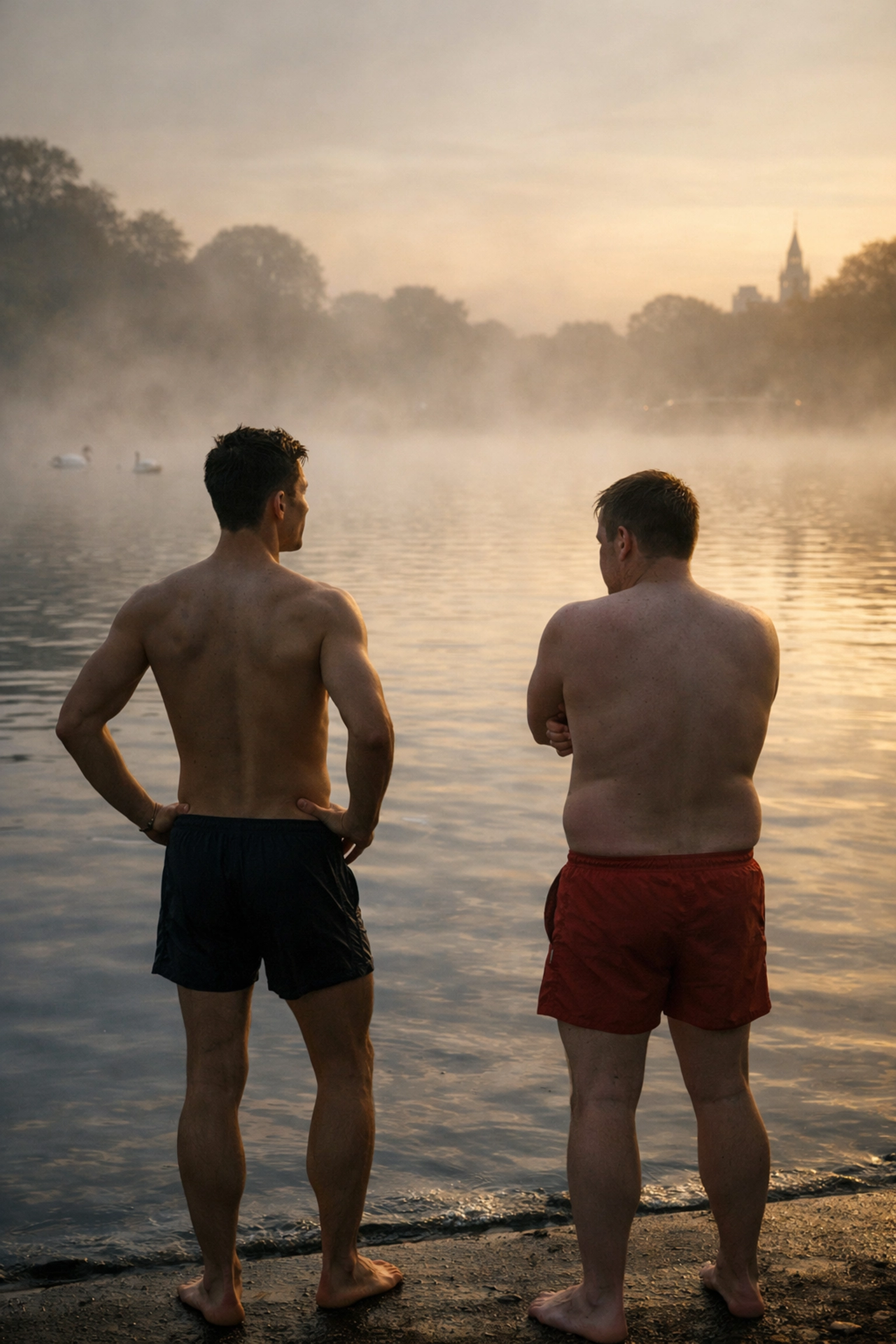 Two men at dawn preparing for wild swimming in London's Serpentine Lake - gay coming out story